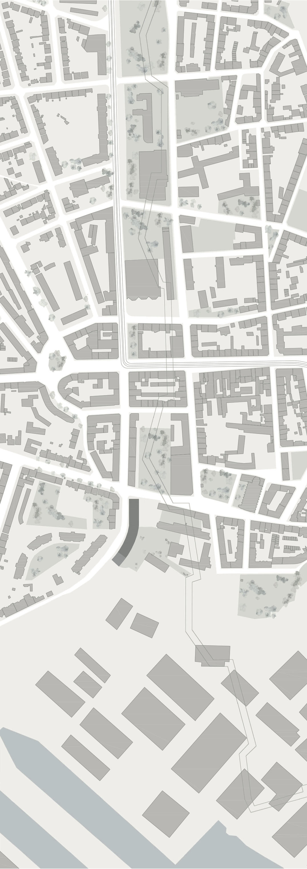 Plan de situation, échelle 1:2500 - bande d'équipements et d'espaces publics sur le tracé d'anciens remparts