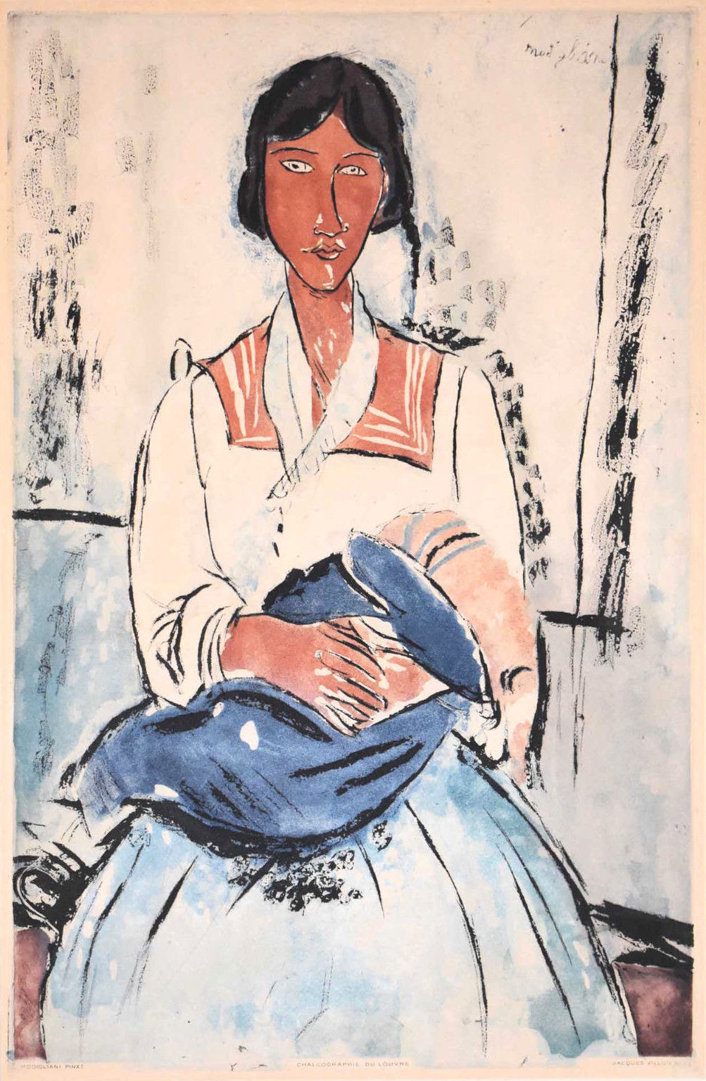 “L’Italienne” Etching Aquatint (After the Painting by Amadeo Modigliani), c.1927, Edition:200, Publisher: The Louvre -Paris; Signed in Plate by Villon LR, Image: 19.25 x 11.75”, Please Inquire