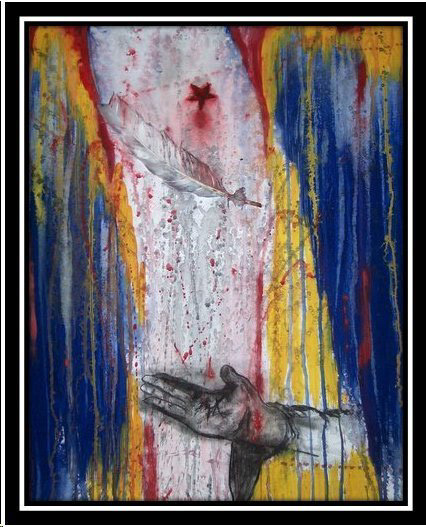 "The Magician" Acrylic, Ink, Feather, Pastel on Paper 22x28"