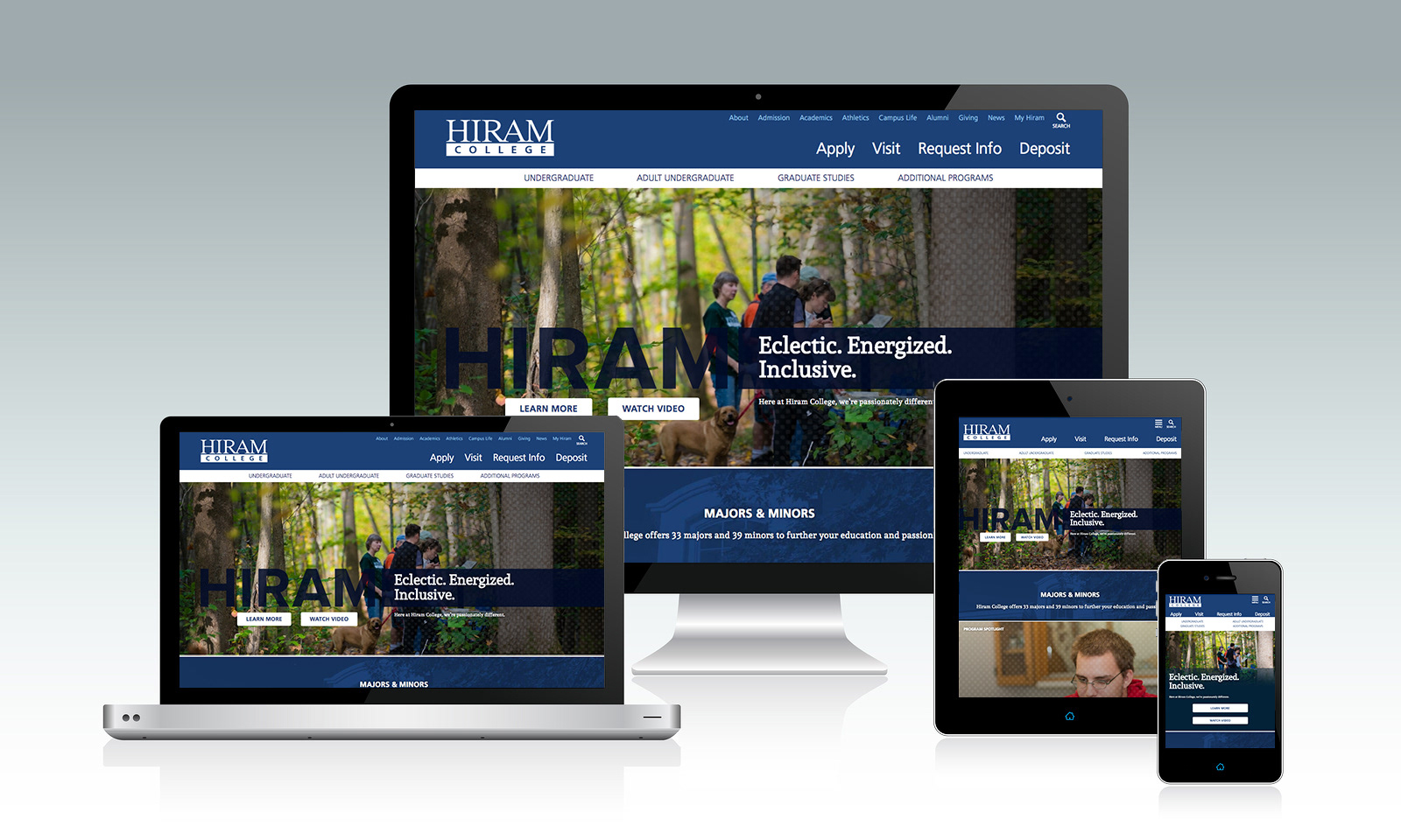 Hiram College responsive website displayed on desktop, laptop, tablet and a smartphone