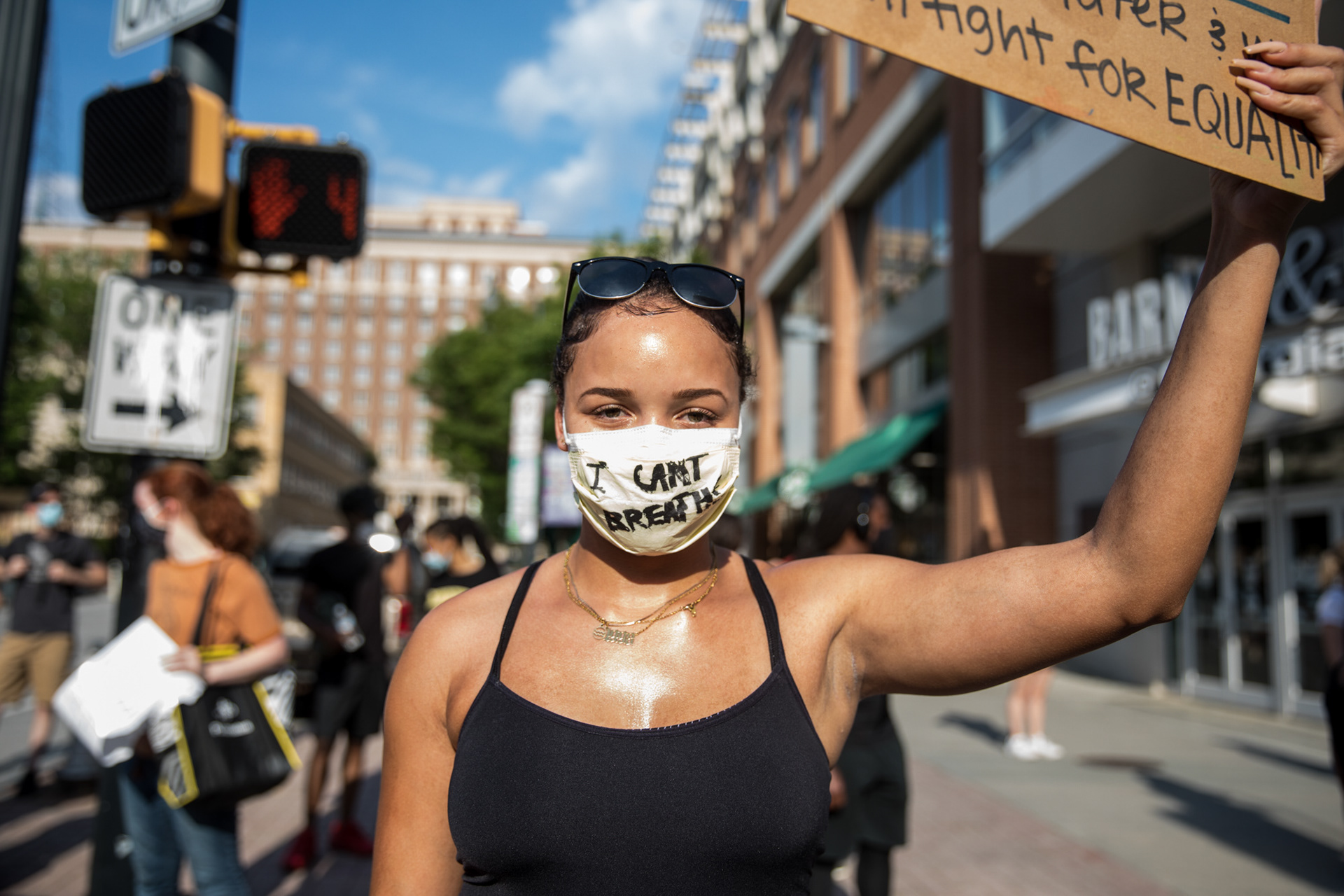A protester wears a mask that reads 'I can't breathe' during a peaceful protest in downtown Atlanta June 2.
