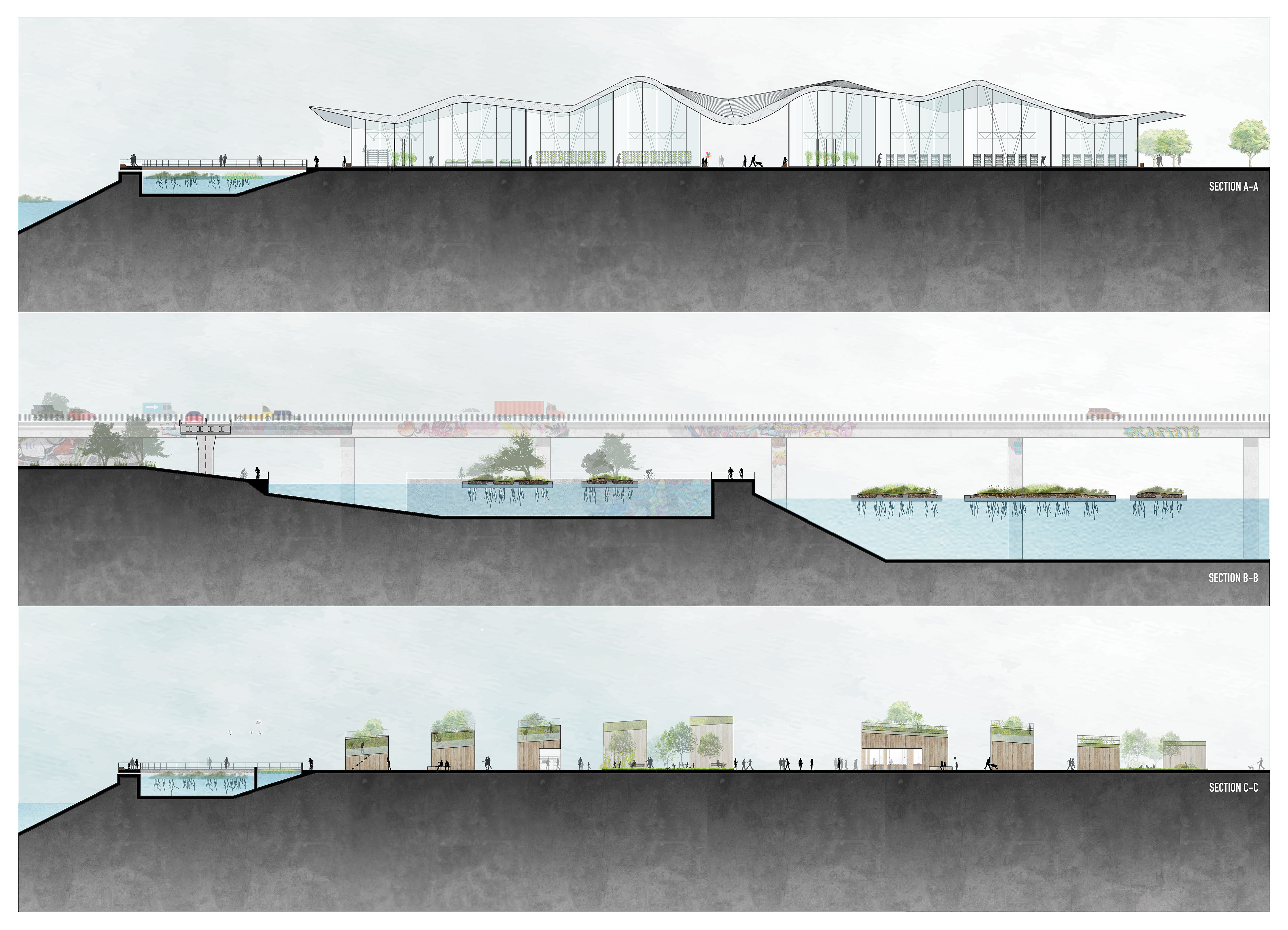 Our fourth spread provides three activated sections through our case study to show scale and use.