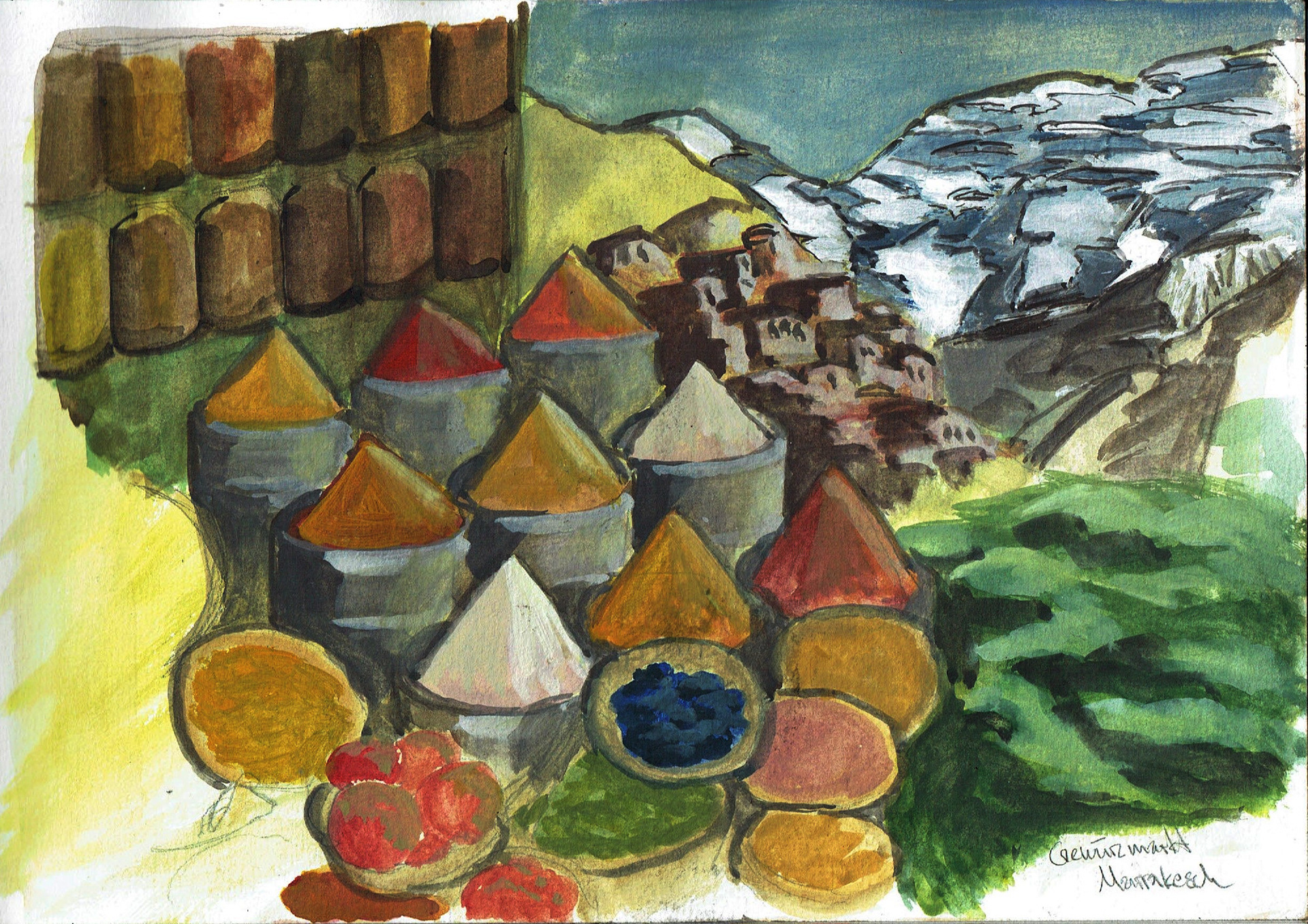 Moroccan spicemarket, gouache