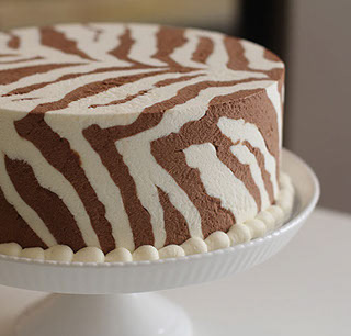 A chocolate birthday cake I made for myself, inspired by my zebra print curtains.