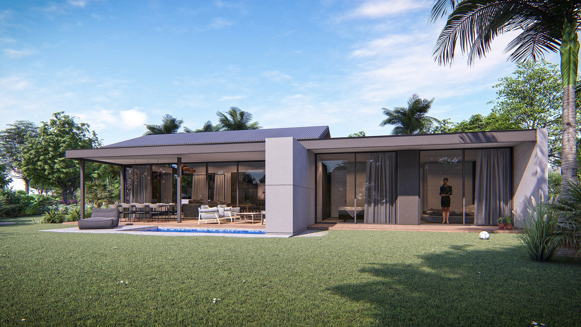 stand alone, single storey modern home with pitched lightweight roof
