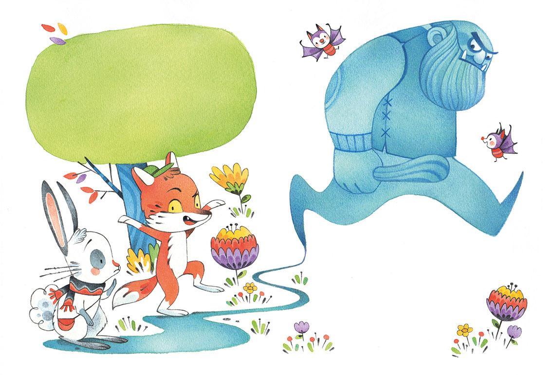 Watercolor illustration of woodland critters and imaginary ogre