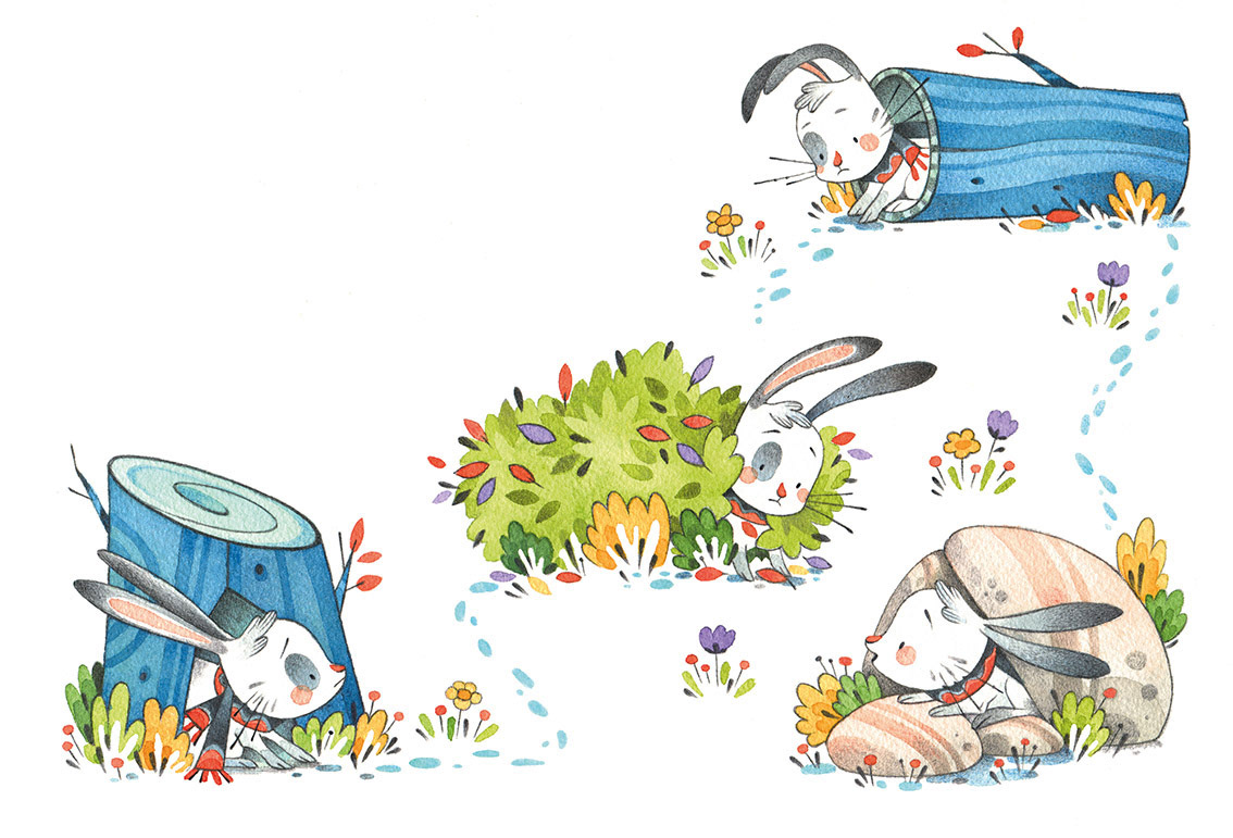 Illustration of Pompon the bunny, hiding in a tree trunk, behind a bush and a pile of rocks