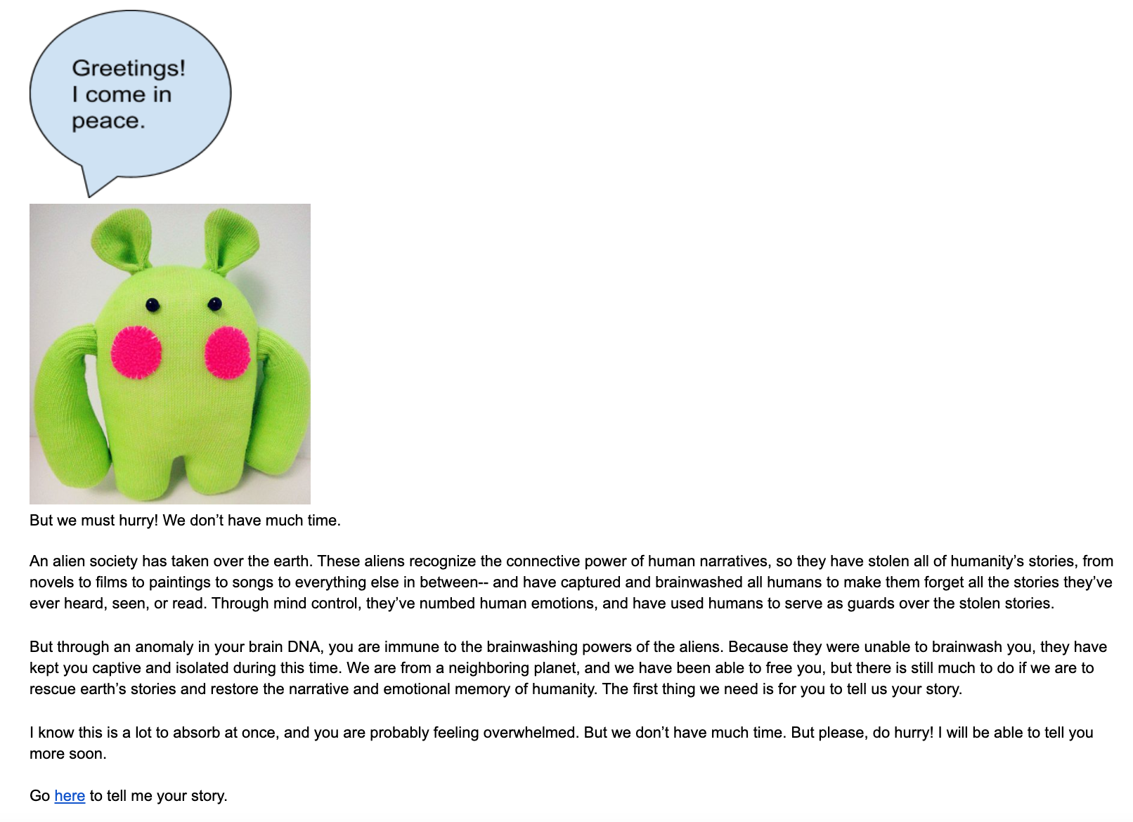 The email introduction to the photo-sharing and storytelling tasks.