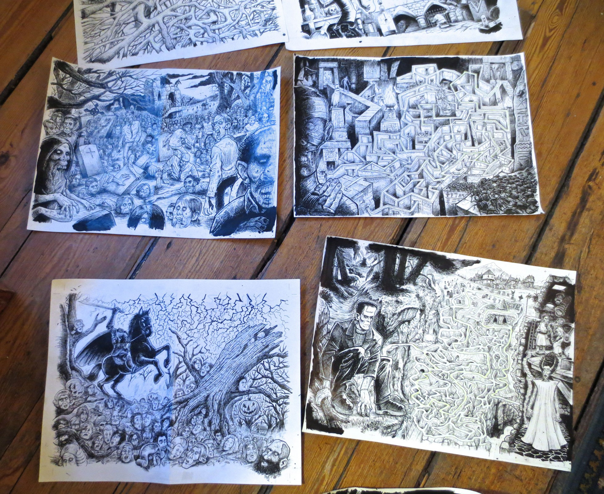 Horror, monstre, illustration, Miwer, tegning, drawings, bog, book, udgivelse, publishing, mazes, labyrinth, labyrint, findebog, Forlaget Carlsen