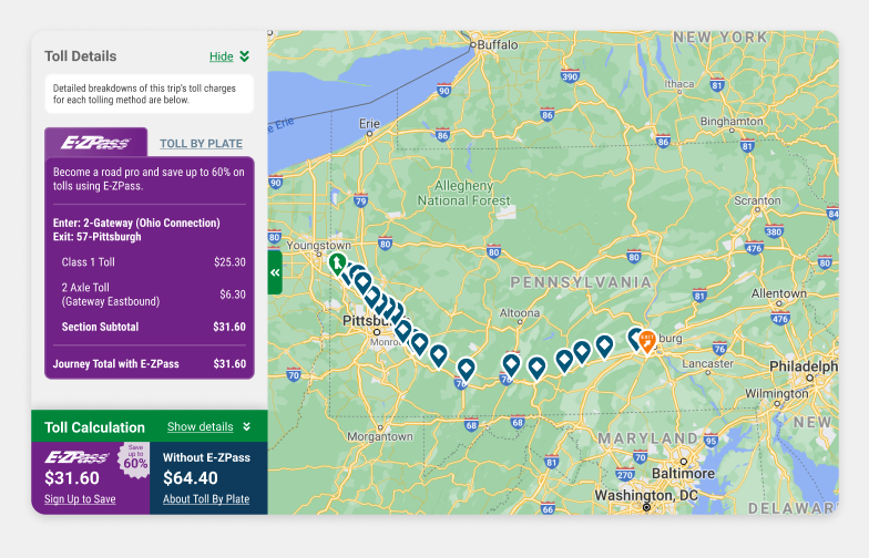 If they pass through multiple toll points, users can see a line by line breakdown of where and how much they are tolled.