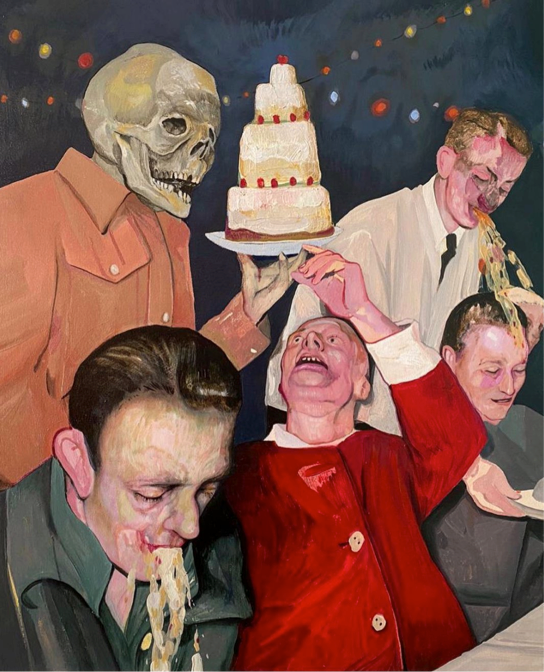 Fiesta de pastel. Óleo sobre tela sobre madera, 58 x 48 cm, 2020.