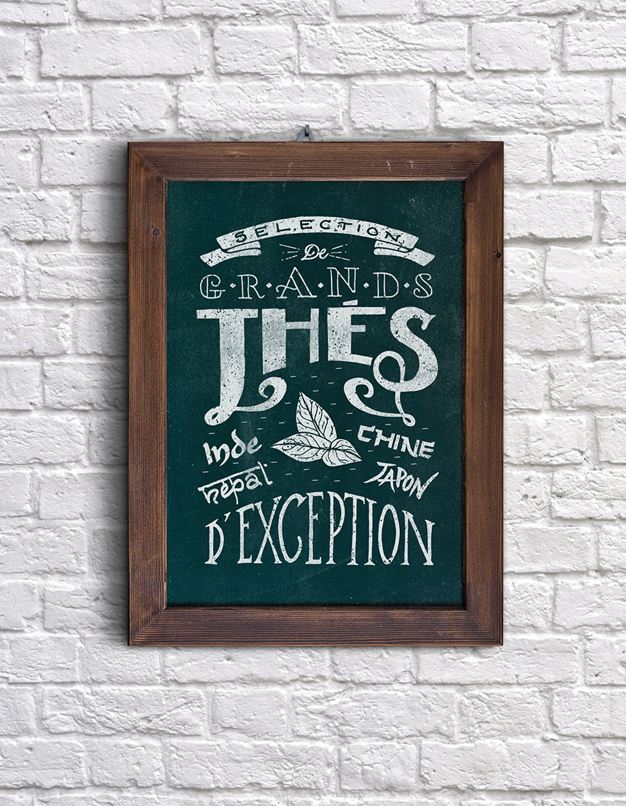 illustration sur cadre en ardoise d'un tryptique à base de typographies, le mot est thés