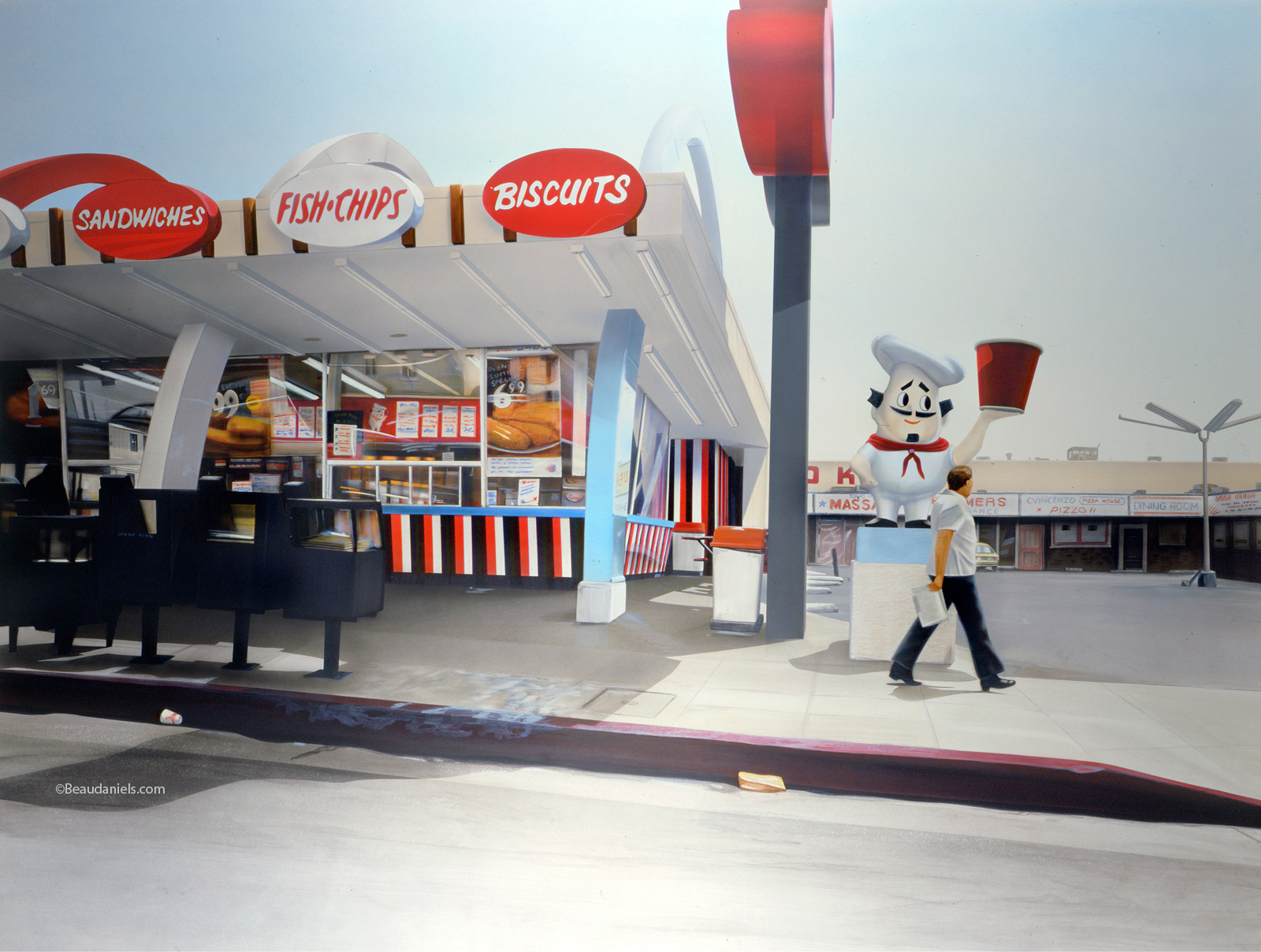 Product: Airbrush acrylic painting Title: "Pioneer chicken" Location: Los AngelesCalifornia Dimensions: H-30" W-40" Used to drive past here a lot.