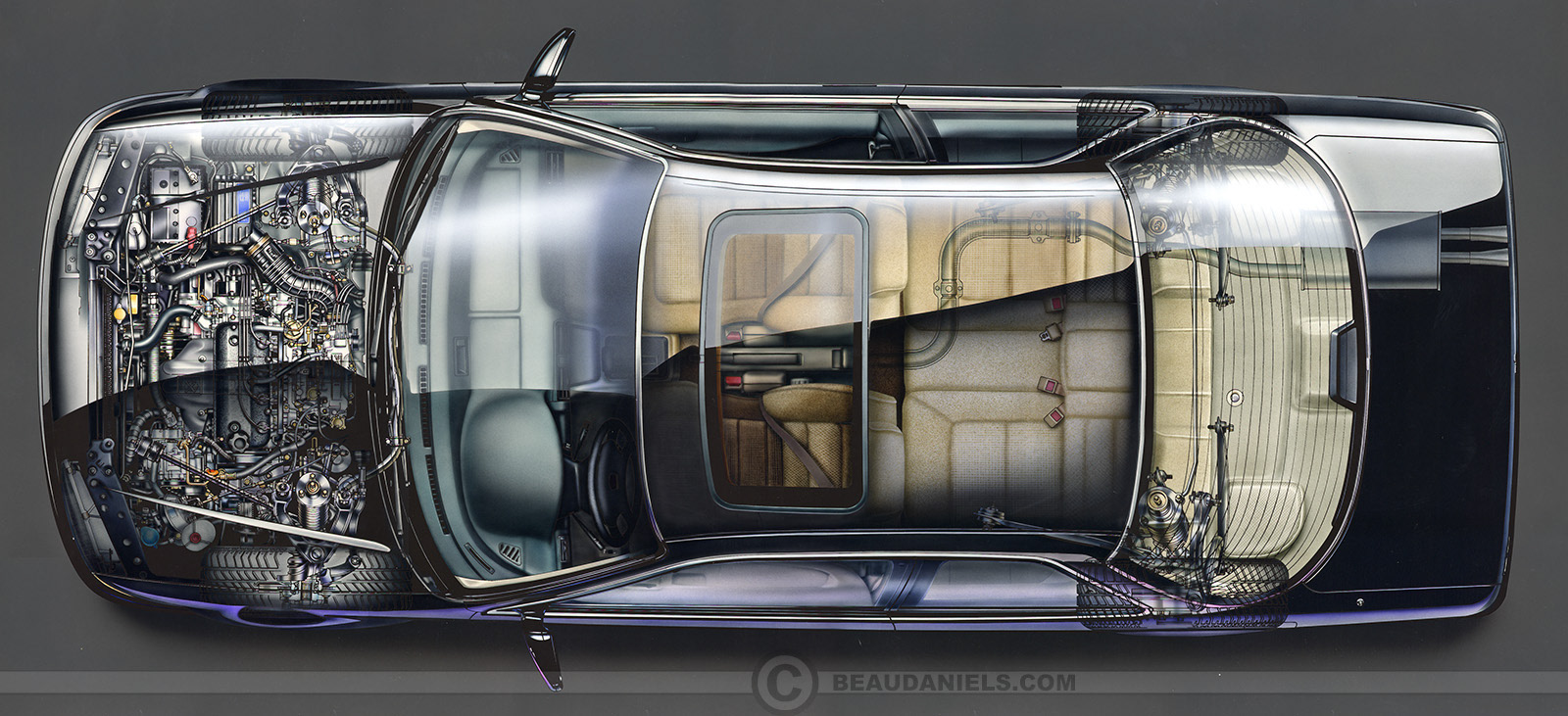 Overhead view of a four door sedan.