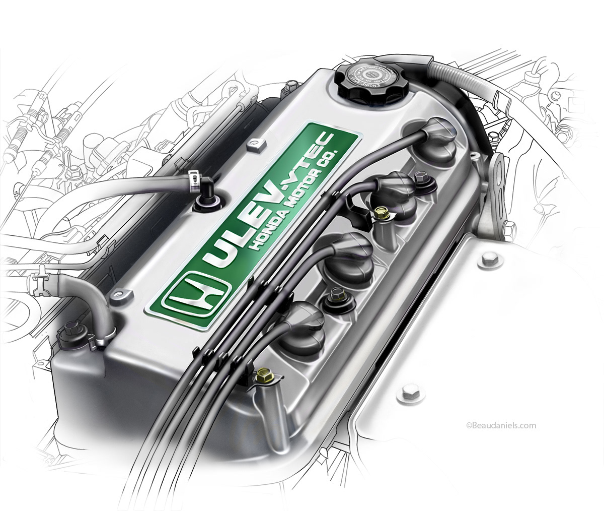 Drawing of a Honda ULEV vtec engine valve cover.