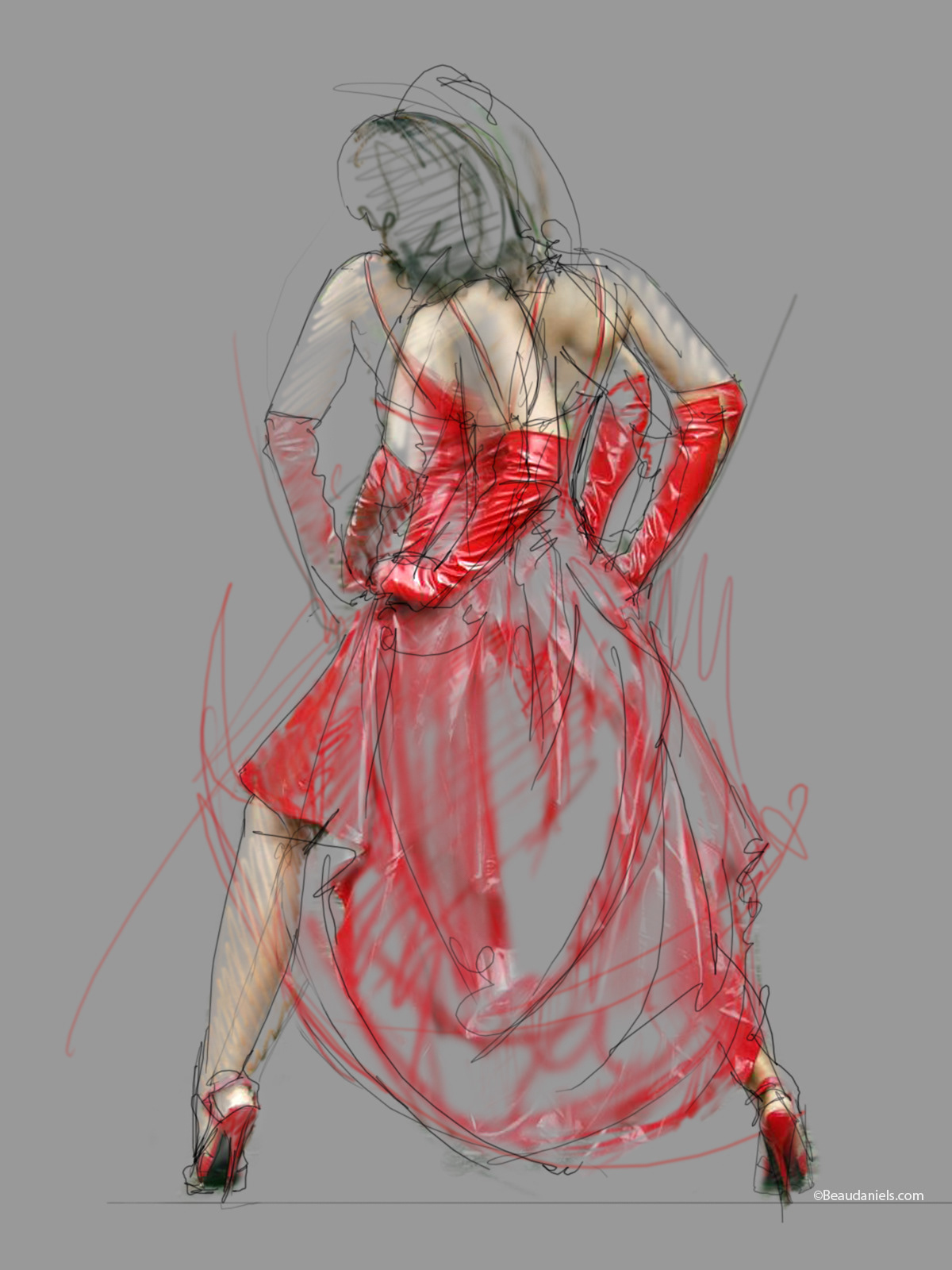 "Red Dress Dancer" Fetish Pinup Drawing.