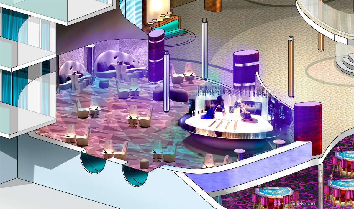 Bionic Bar on the Royal Promenade, featuring robot bartenders serving up one-of-a-kind crafted cocktails while dancing to a fluid beat. Harmony of the Seas.
