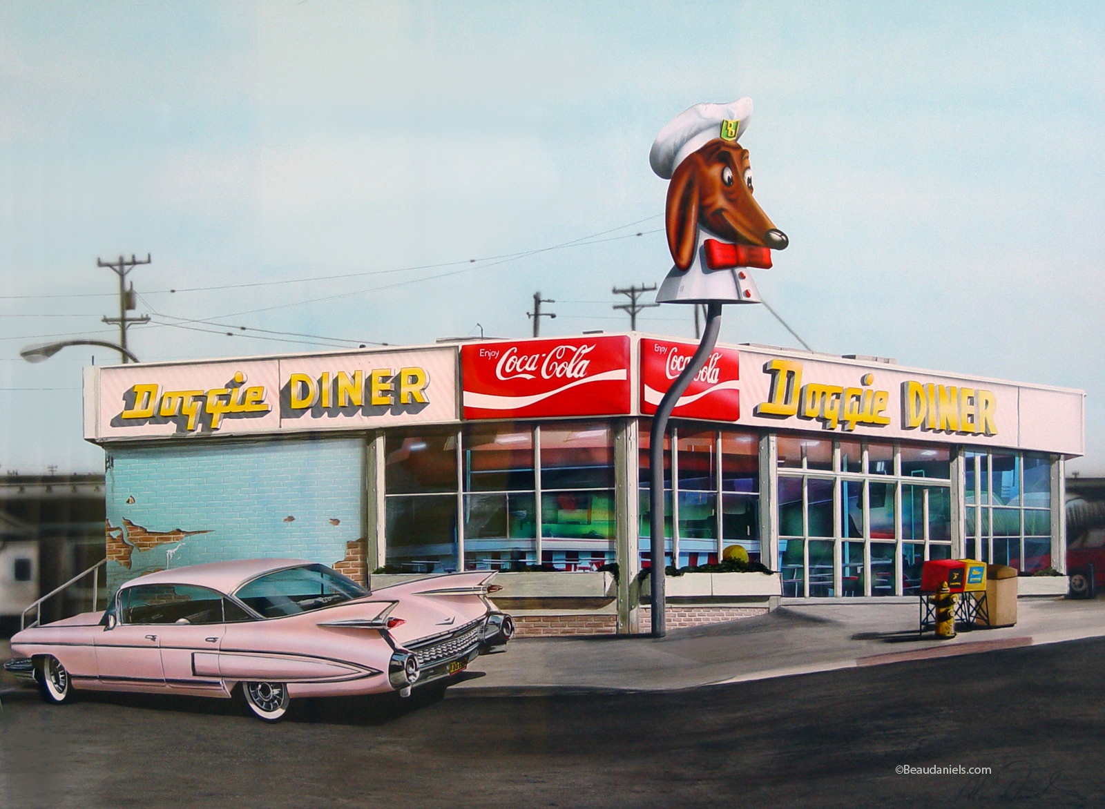 Product: Airbrush acrylic painting Title: "Doggie Dinner" Location: San Francisco California Dimensions: H-30" W-40" Painted just before this icon was demolished, it was up near the zoo.
