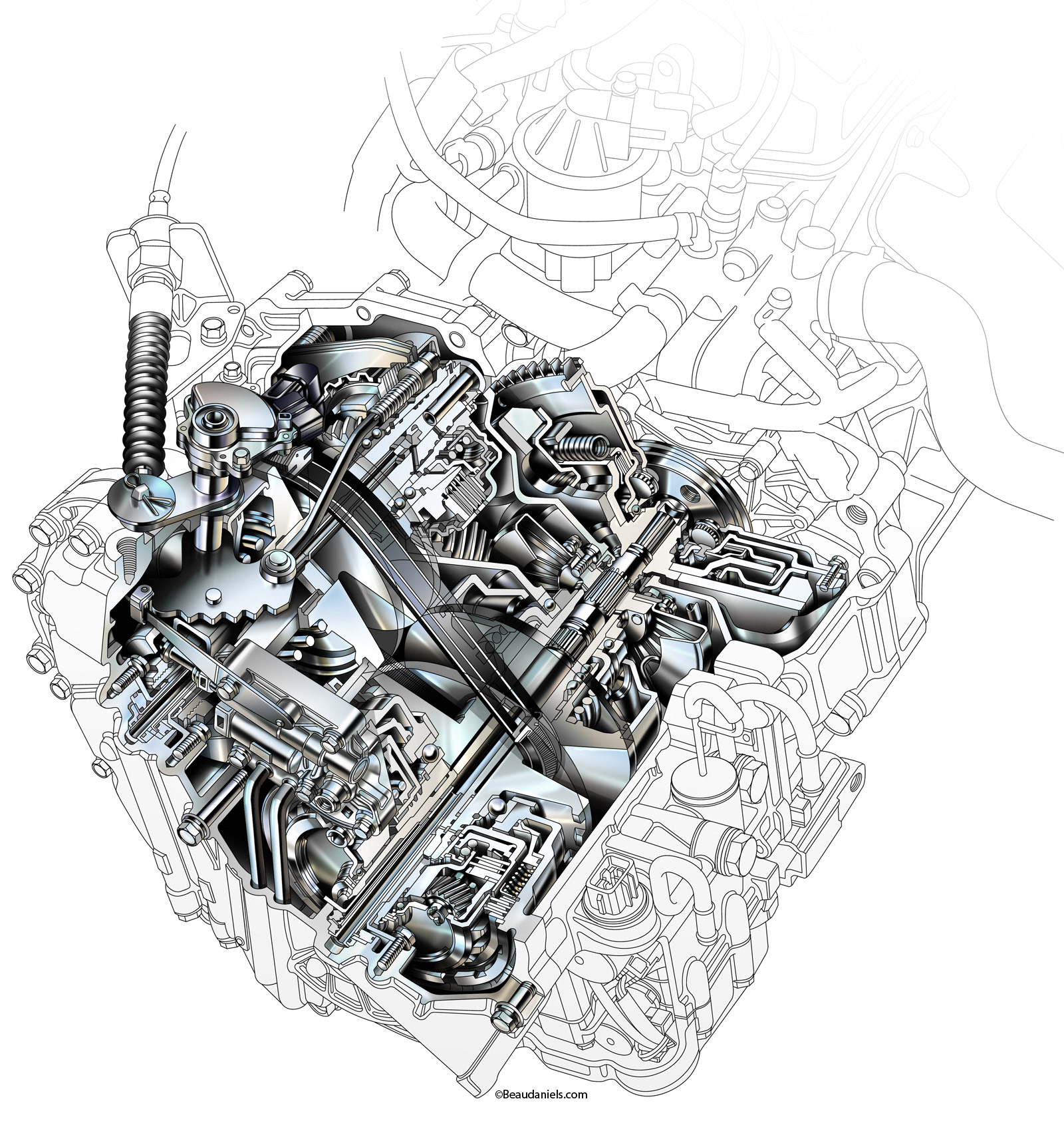 Hond Civic CVT cutaway illustration.