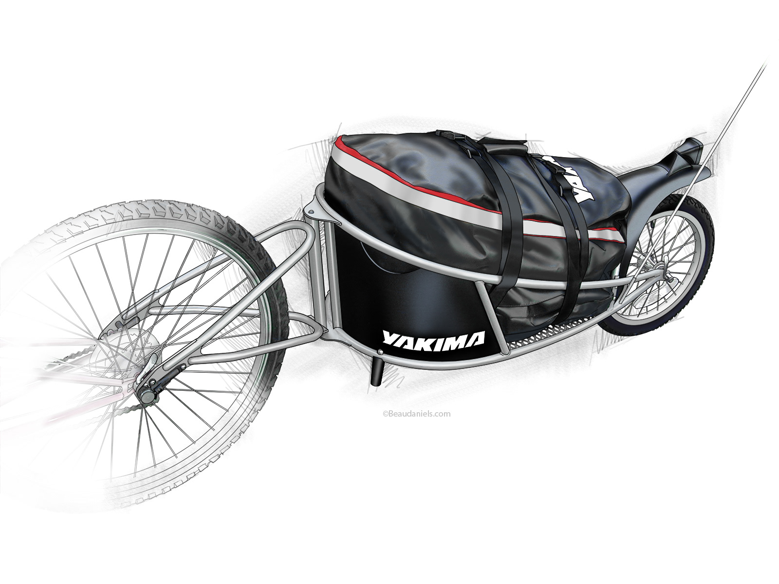 Yakima, "Big Tow" bicycle trailer. Technical product illustration.
