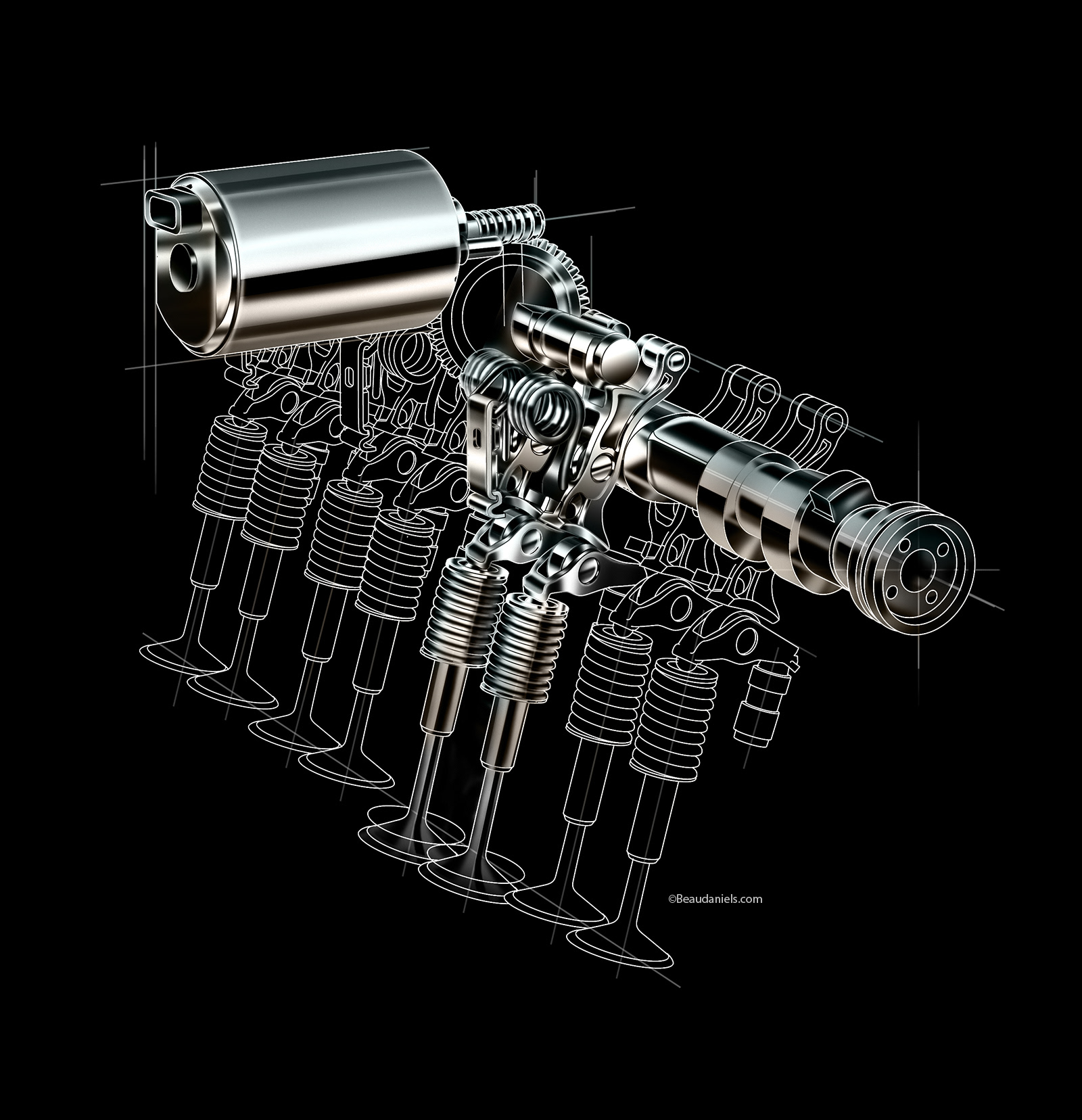BMW, Valvetronic, cutaway illustration.
