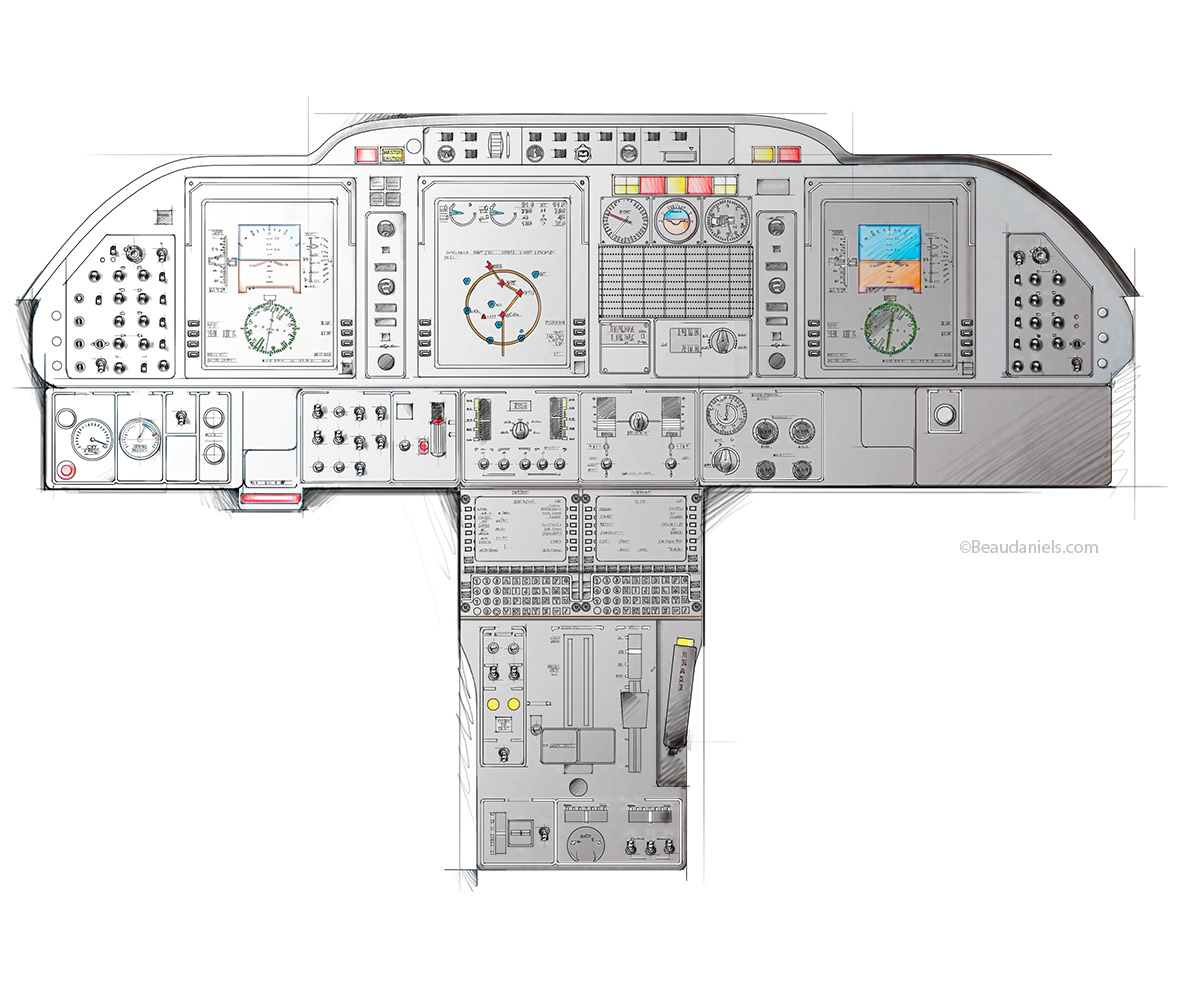Instrument panel, line art used in the background.