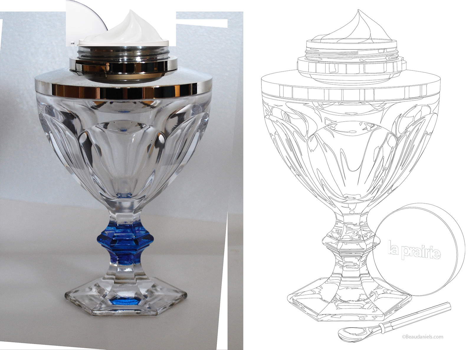 The reference photo that we shot, and the line art that became the basis for the illustration.