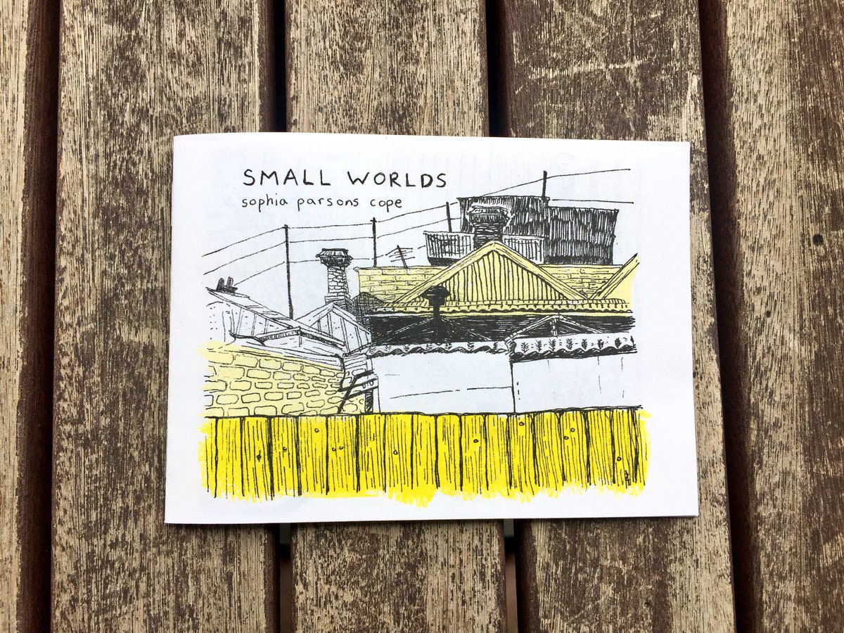 'small worlds', a two-colour a6 risograph art zine consisting of places i would visit when walking my dog through the back streets of brunswick.