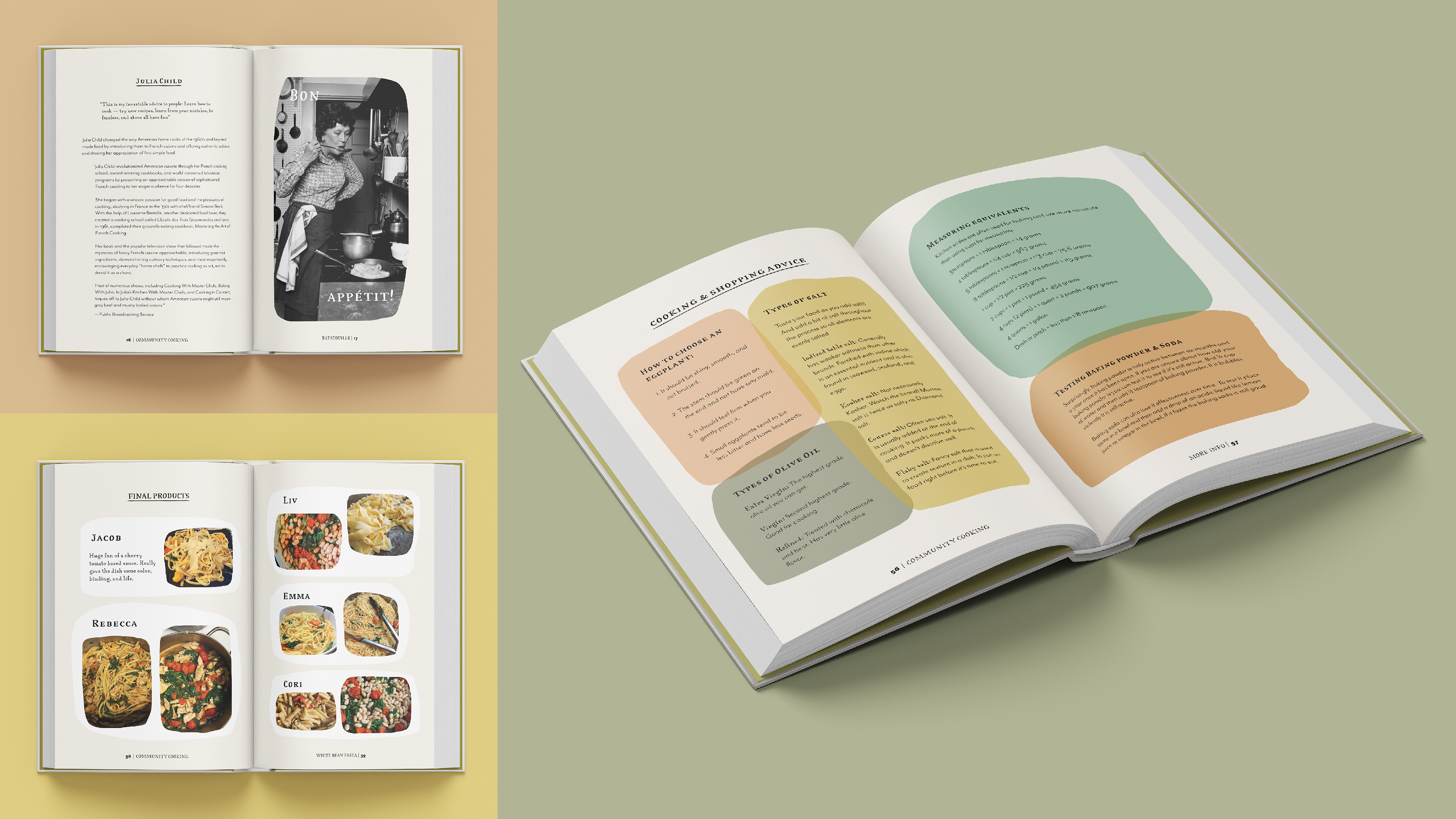 grid of book pages including: a description of Julia Child, images and reviews of Tuscan Bean Pasta, and cooking and shopping advice.