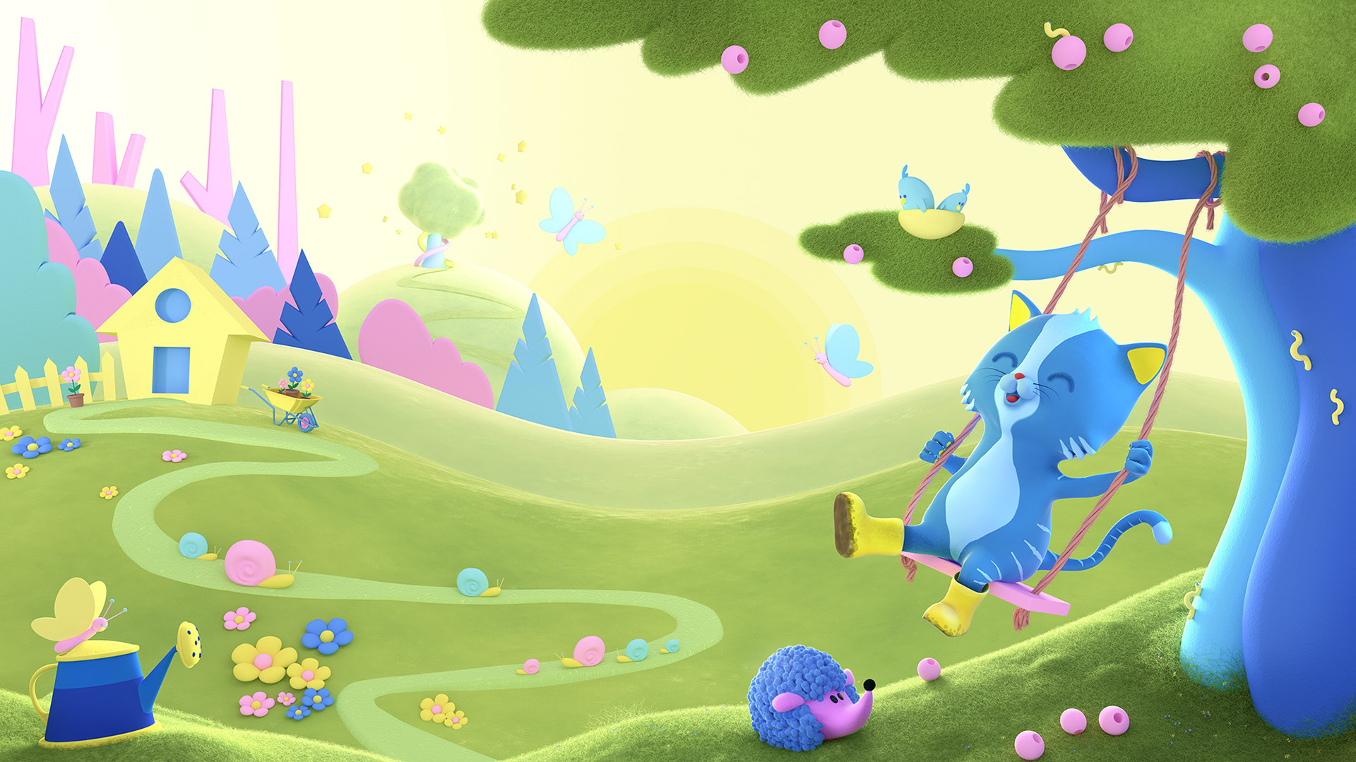 digital, illustration, 3D, kadzi, donau zentrum, wald, schaukel, spielplatz, hügel, igel, tiere, zauber, wien, österreich, shoppingcenter, character design