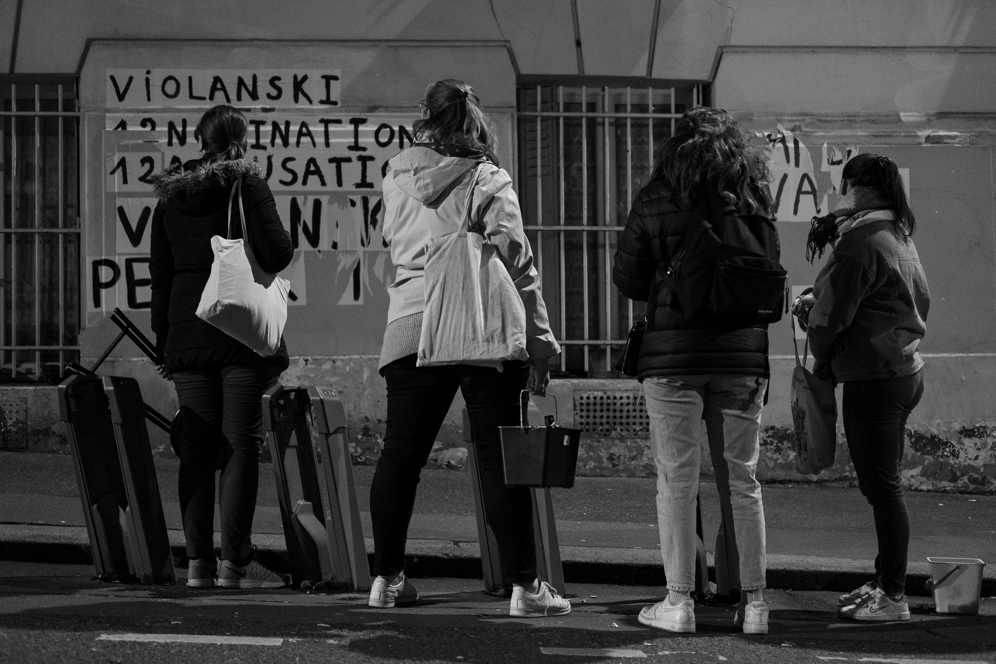 Feminists in the streets of Paris around the school La Femis posting in February 2020to protest against the violences toward women, Paris, France