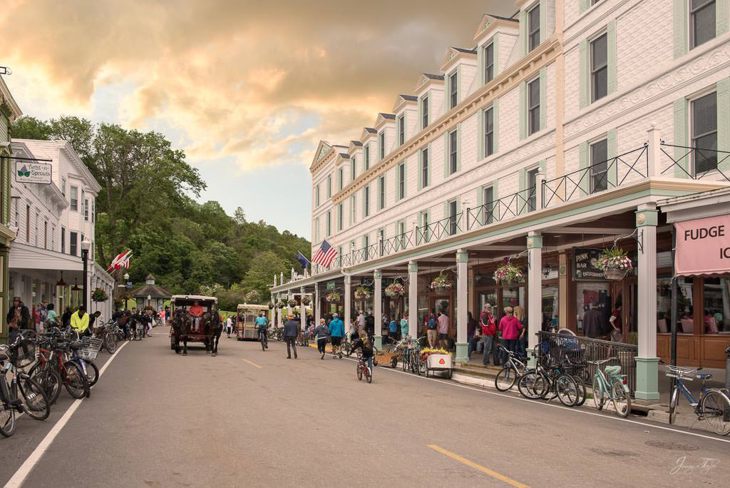 Sunset skies early evening on Main Street, Mackinac Island