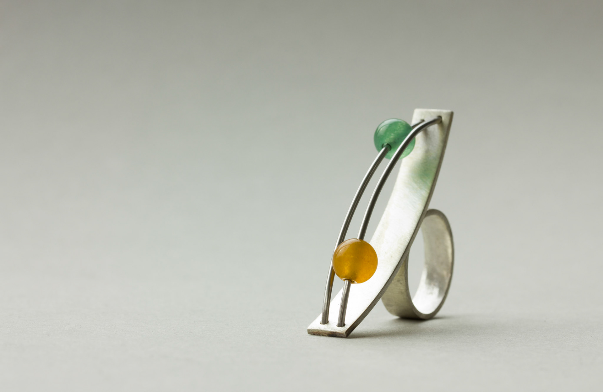 Orbis Sphaere ring. Silver, stainless steel, jade.