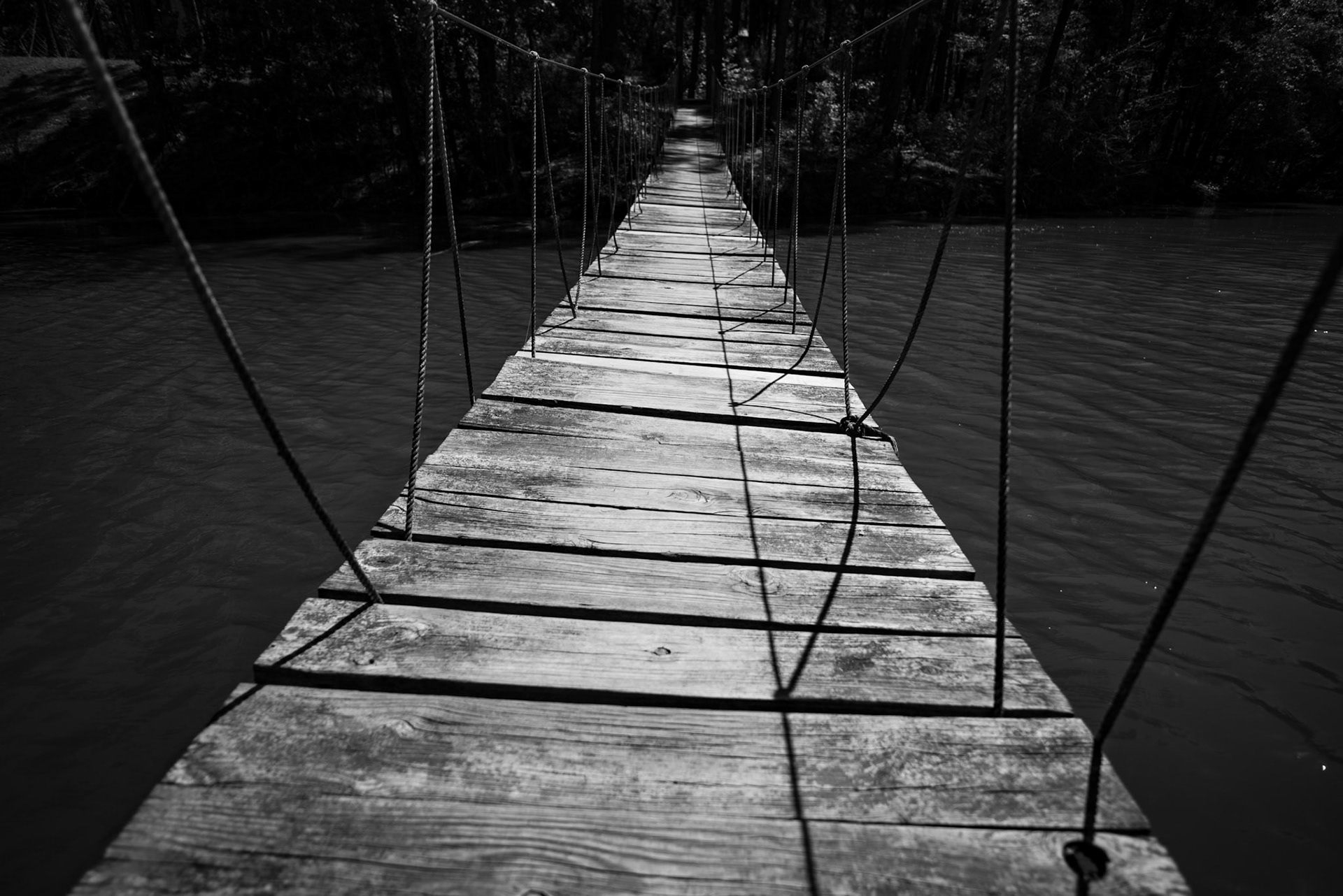 A black and white of a rope bridge crossing a tributary to the Trinity River in Texas.