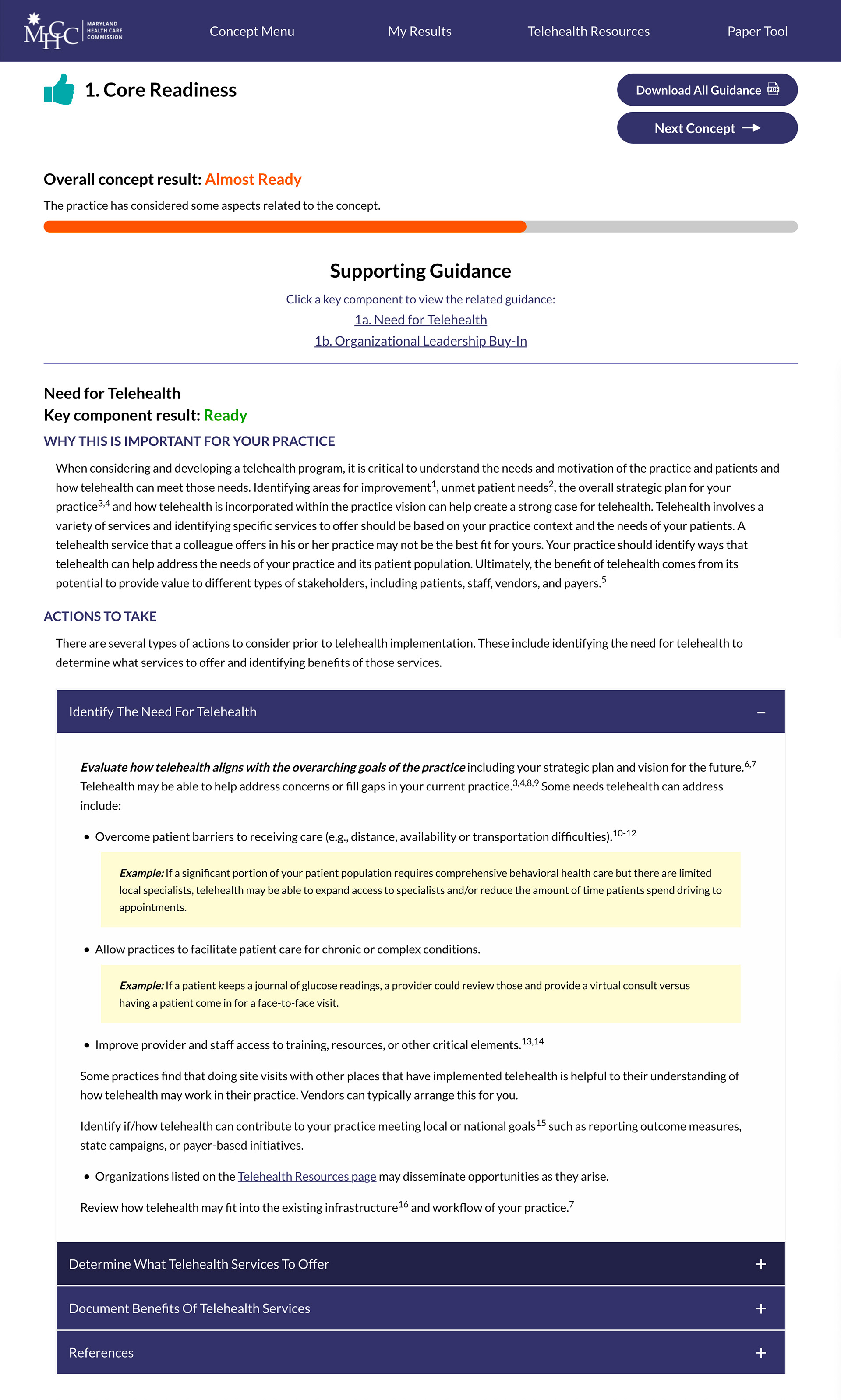 Users can view guidance for each sub-component to improve their readiness for implementing telehealth services
