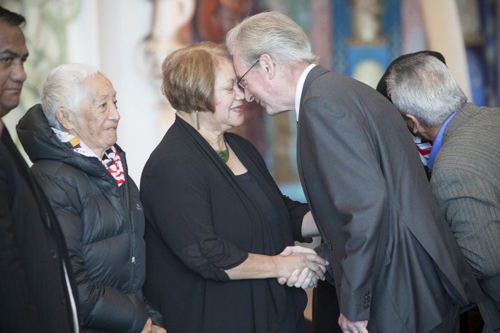 Austrian Consul General Peter Diessl and Rihia Kenny of Ngati Toa greet each other with a hongi. To see: Rihia Kenny and Peter Diessl. Photo by Kate Whitley, May 25, 2015. te Papa