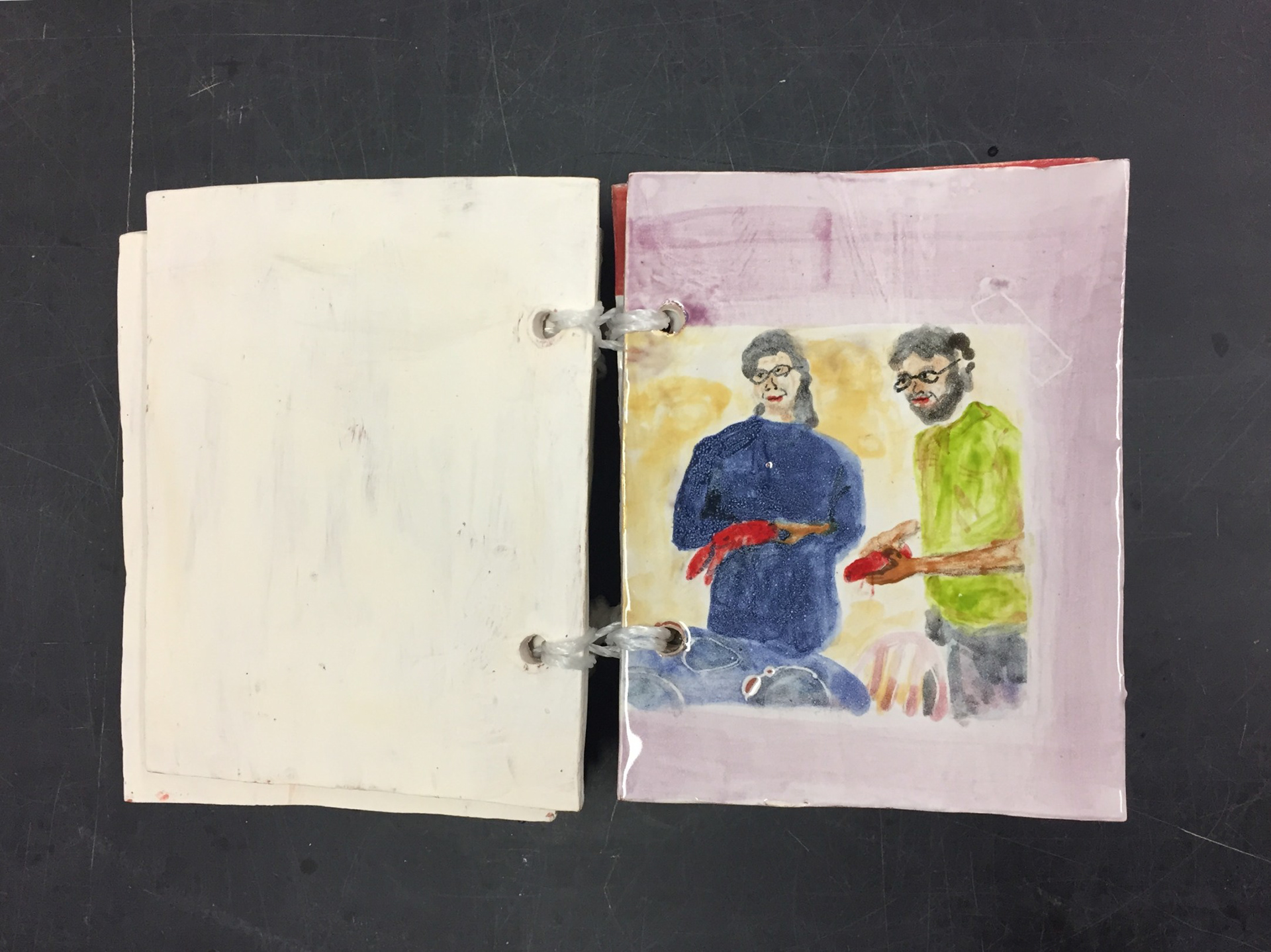 The Newest Testament” Approx. 9″ page length, 8 pages, Terracotta, Majolica Stain, Plastic rope, 2019