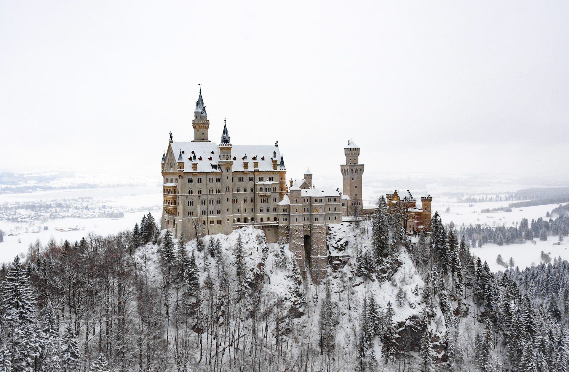 View of Neuschwanstein Castle atop a Hill in Winter in Bavaria, Germany
