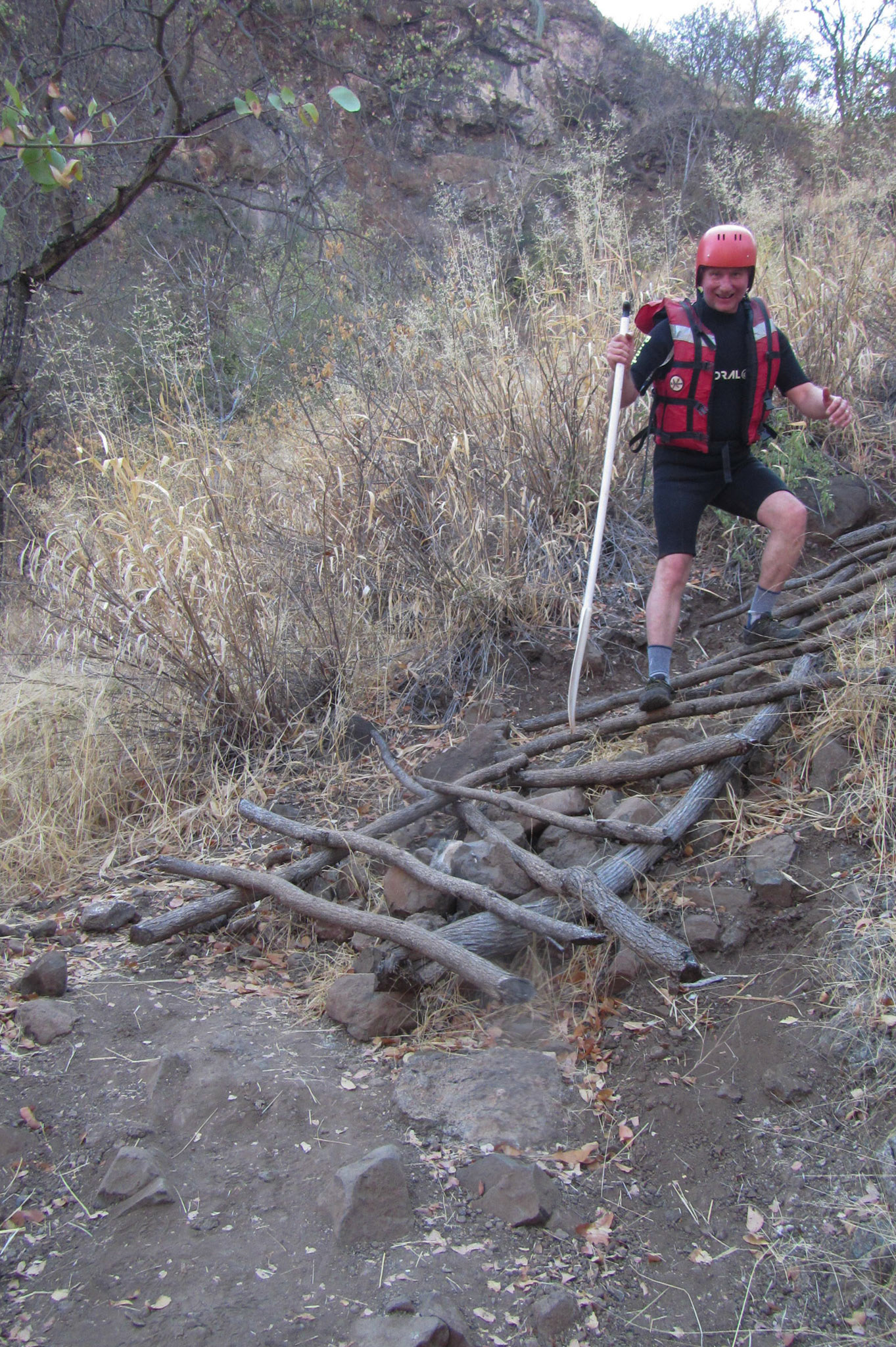 Climbing down to go white water rafting on the Zambezi