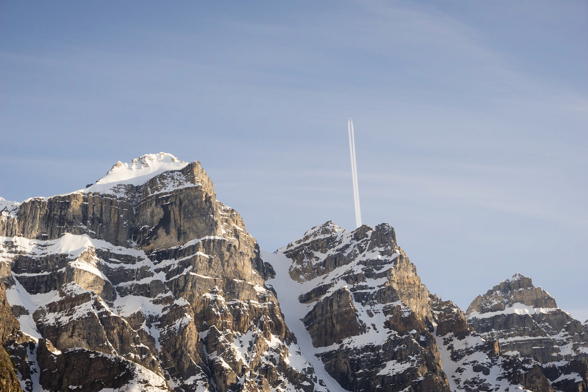 Moraine Lake, Alberta. LA Dodgers Emirates A380 overhead, flying from SFO to DXB