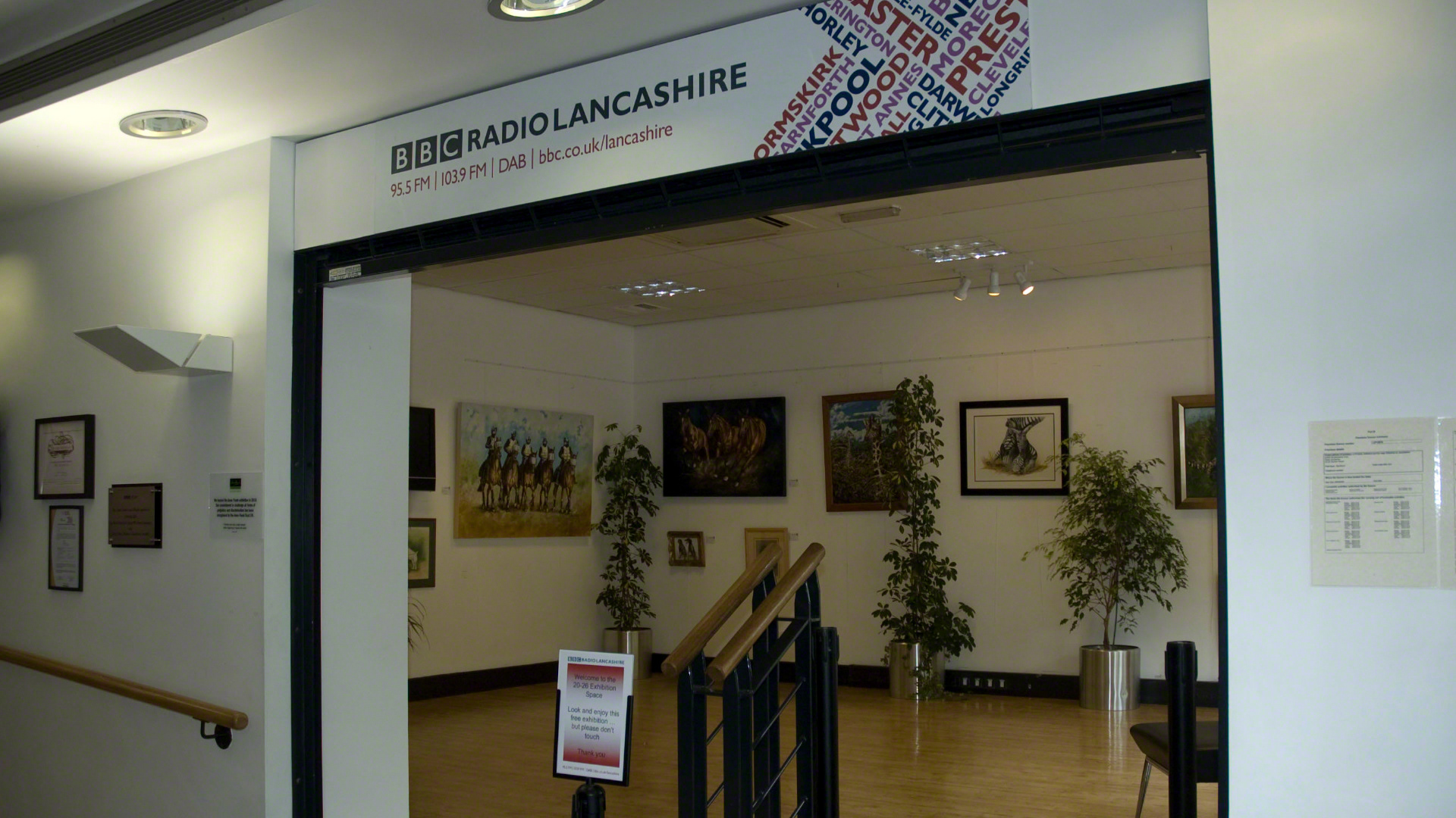 Photo of Anne Corless Solo Art Exhibition at 2026 Gallery, BBC Radio Lancashire, UK. 2011.