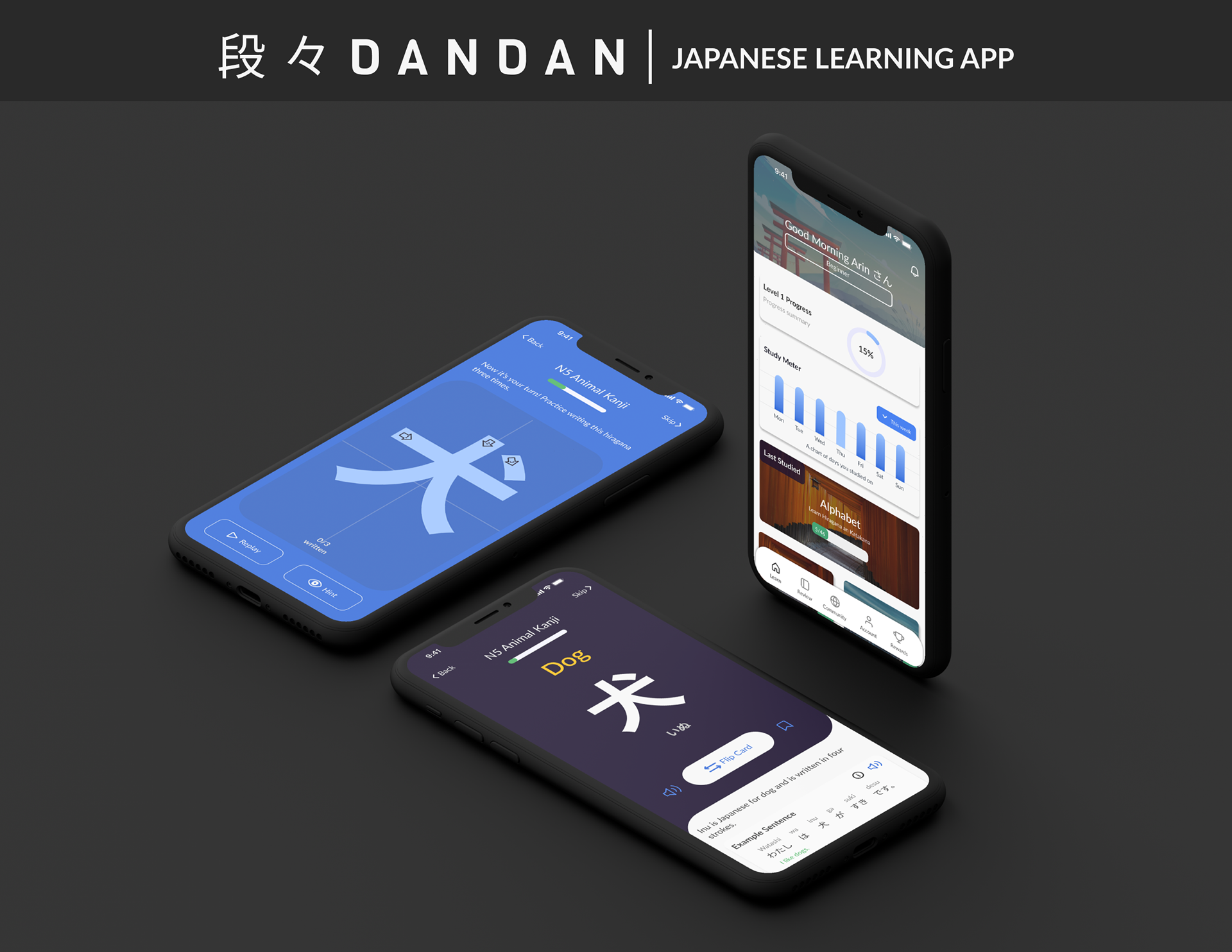 An image of the Dandan app open on three mobile screens. The standing screen features the learn page for the Dandan app. The other two screens display a writing grid for writing practice and an active lesson.