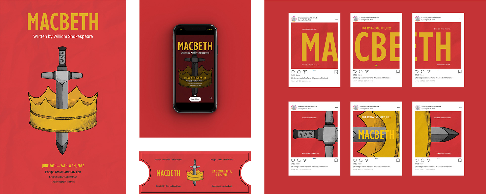 Poster, ticket, and social media advertising campaign design for "Macbeth."