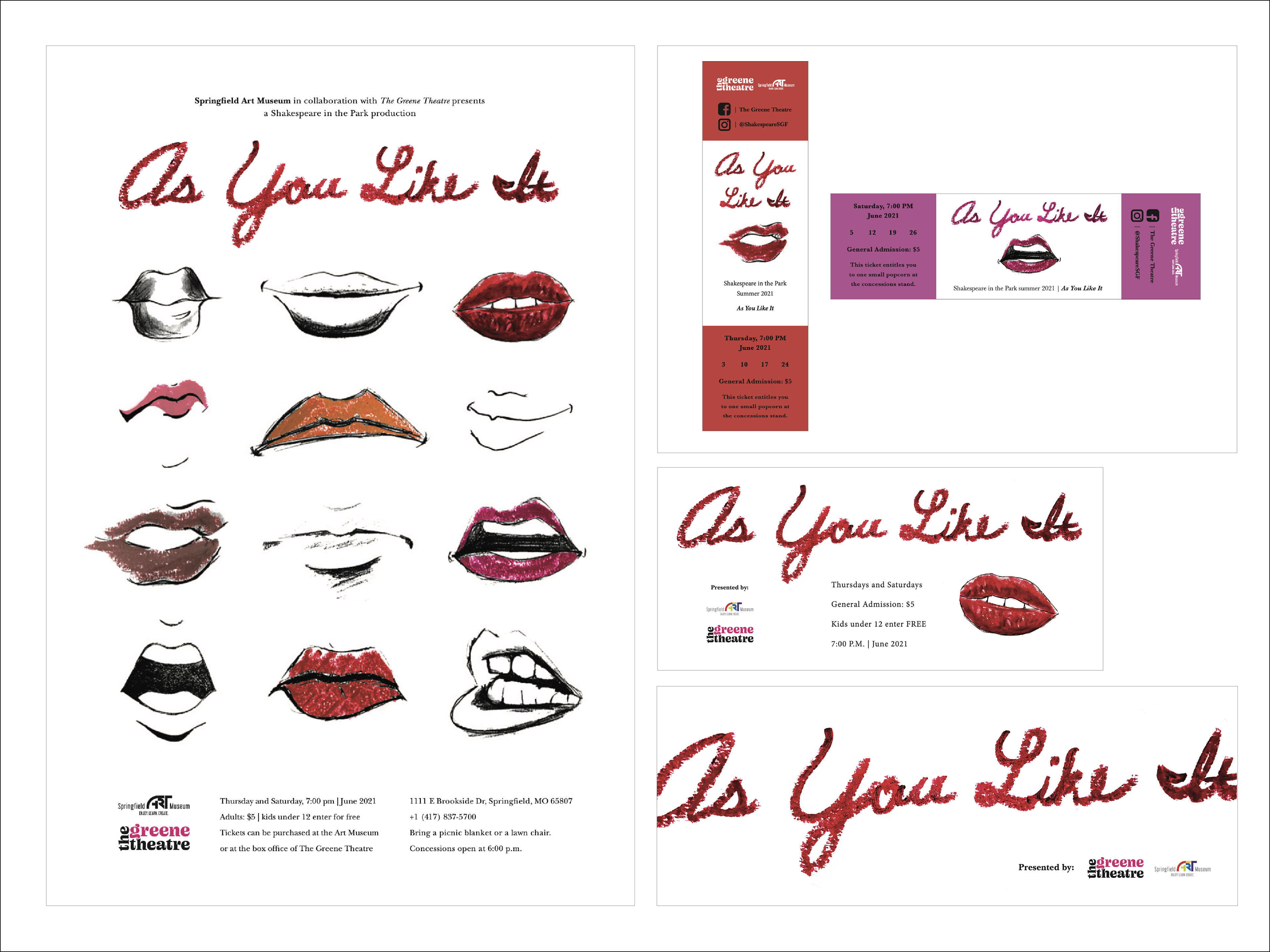 Poster design (left), ticket design (top right), and promotional Facebook Ad and Cover for "As You Like It."