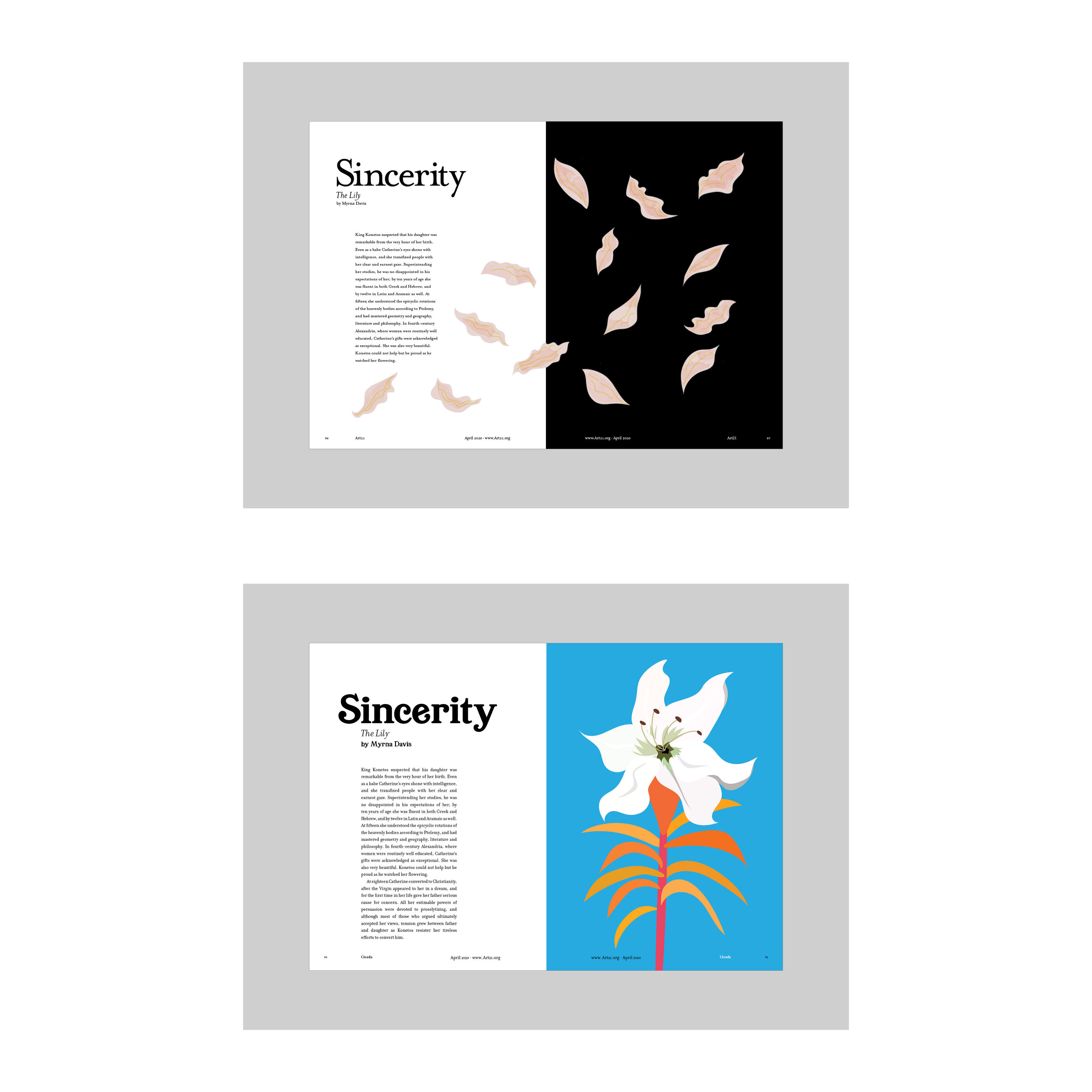 Magazine spread designs for "Sincerity: The Lily" by Myrna Davis.