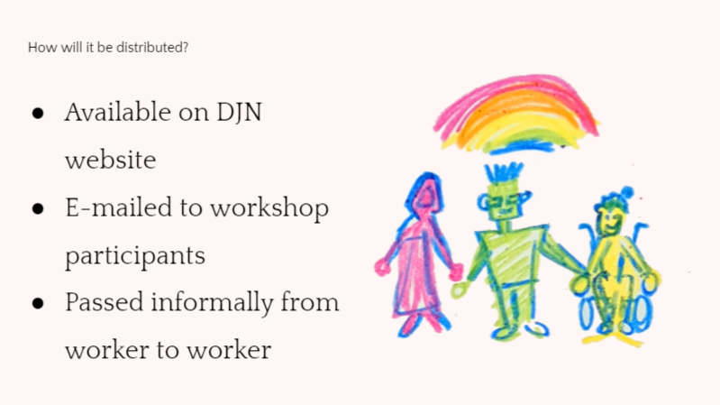 Image of the illustration being used in a presentation. Three happy diverse people hold hands above a rainbow.