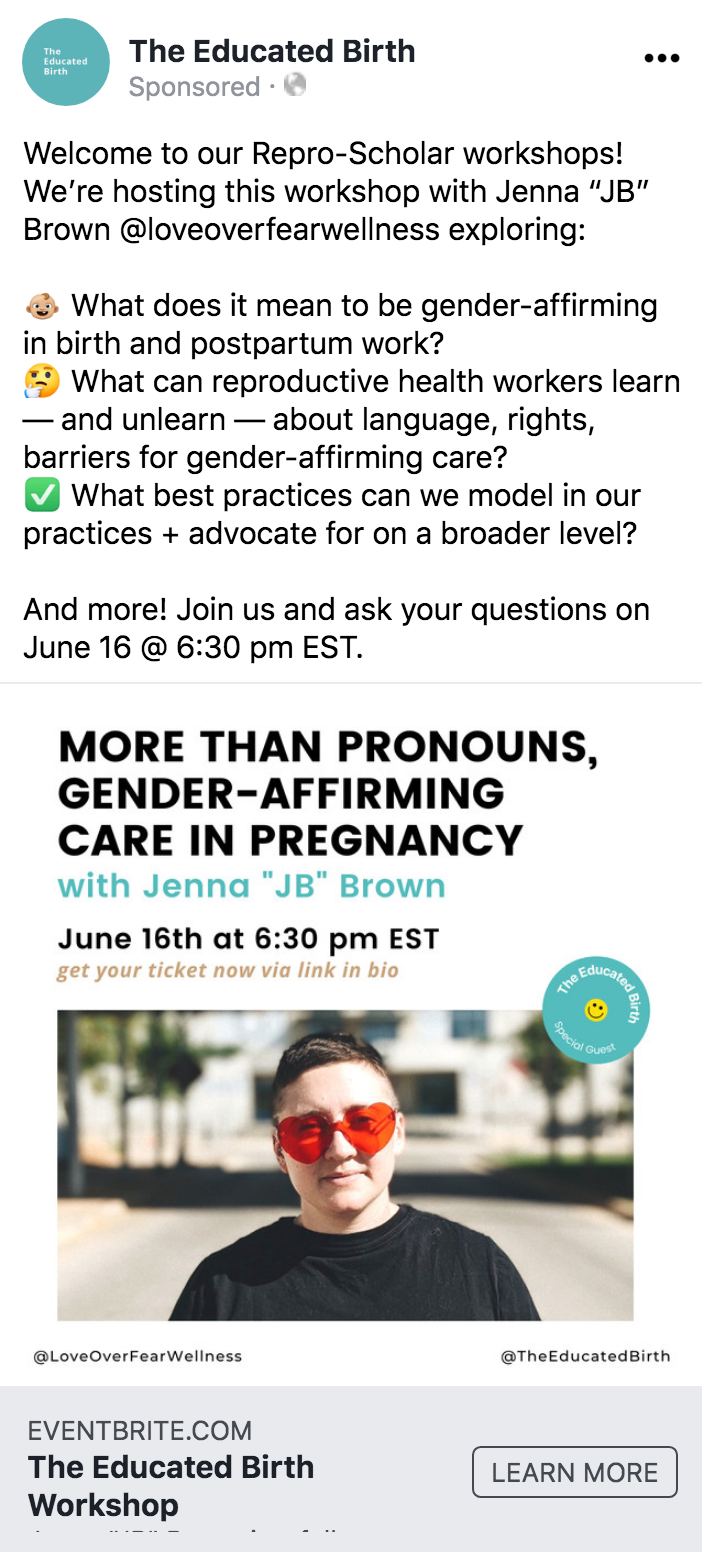 The Educated Birth Facebook ad on a past repro-scholar workshop.