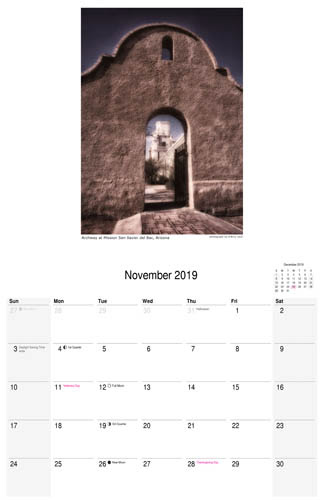 November 2019 calendar, Mission San Xavier del Bac, Arizona