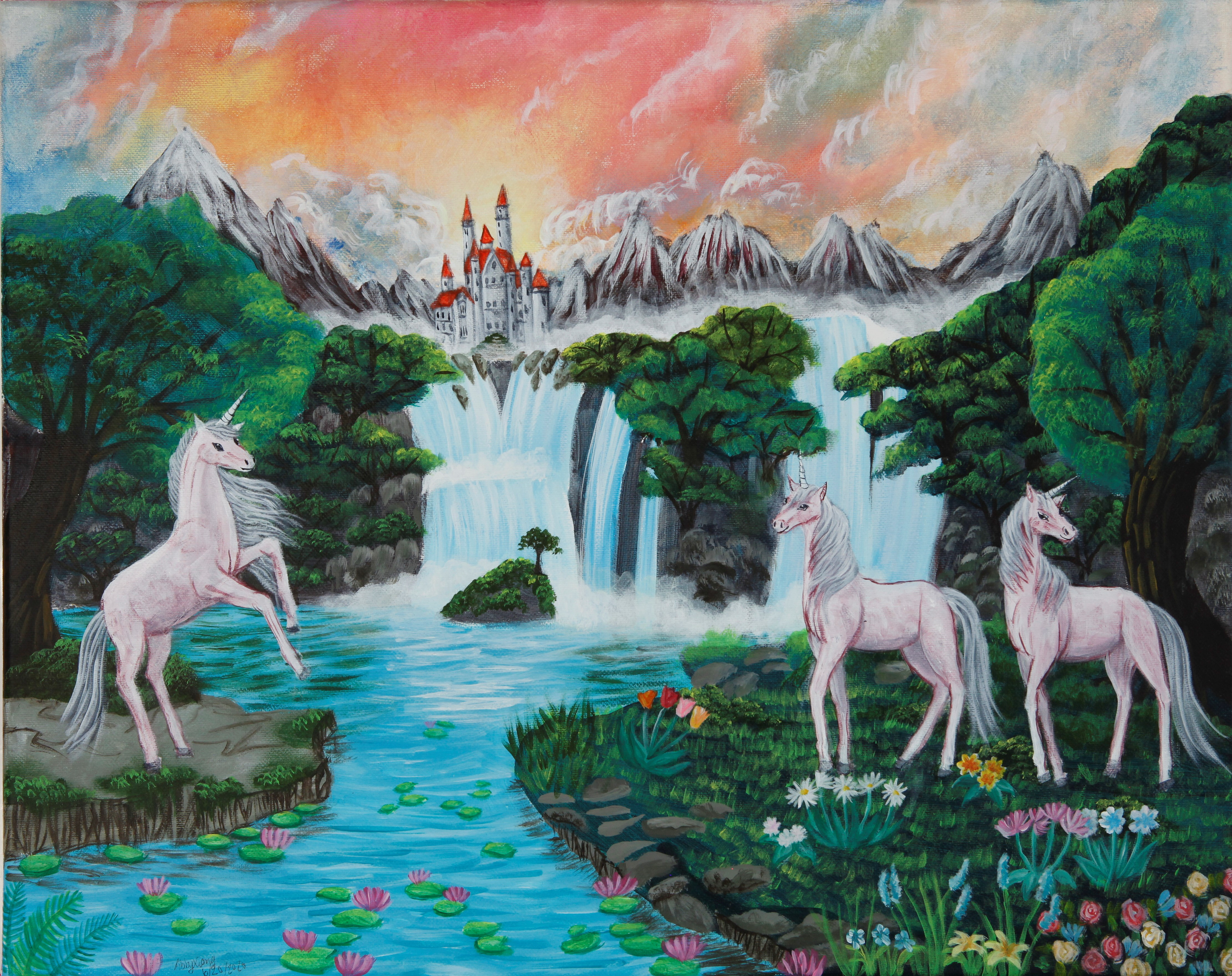 Horses by waterfall