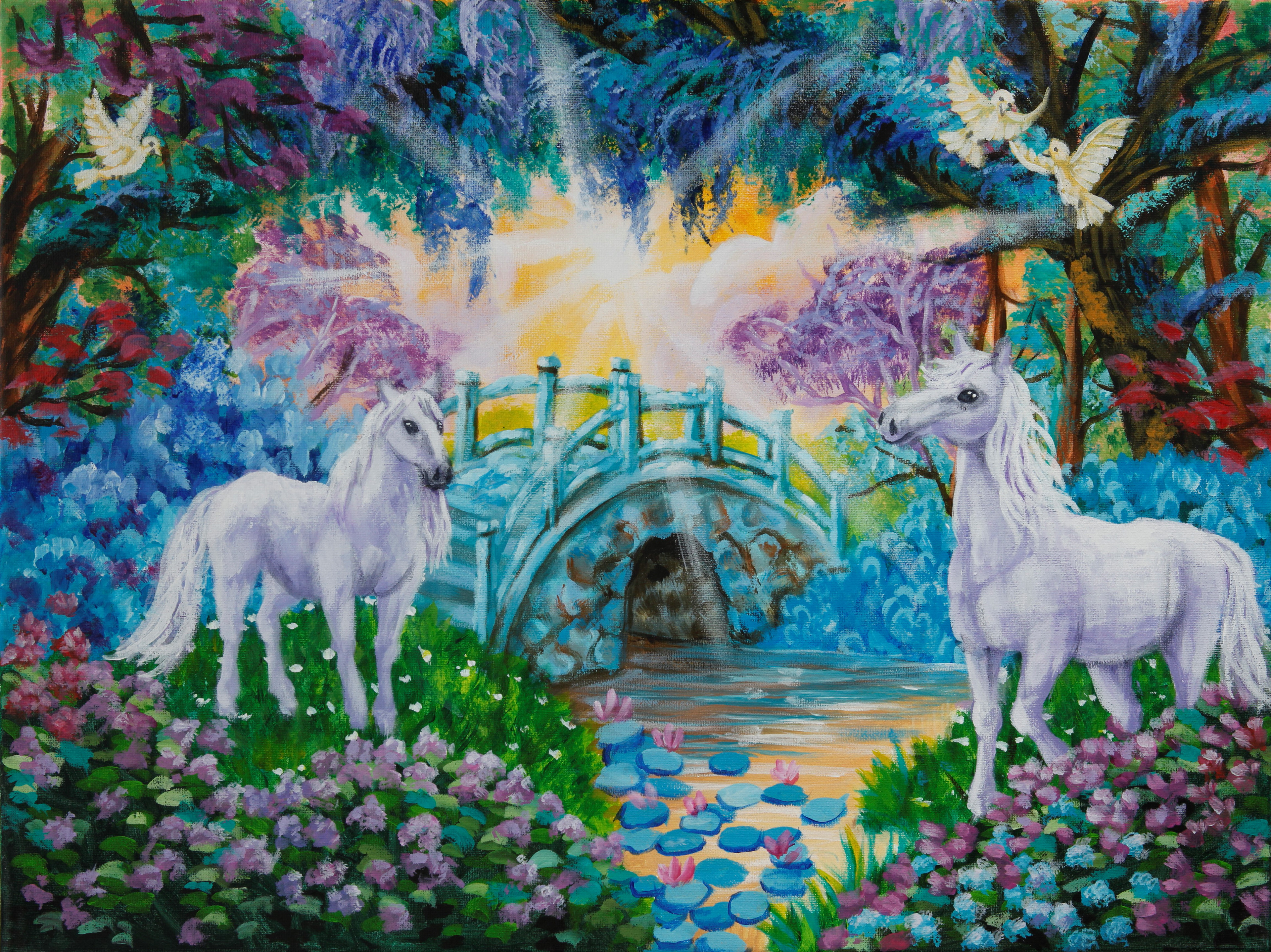 Horses by Springtime bridge 